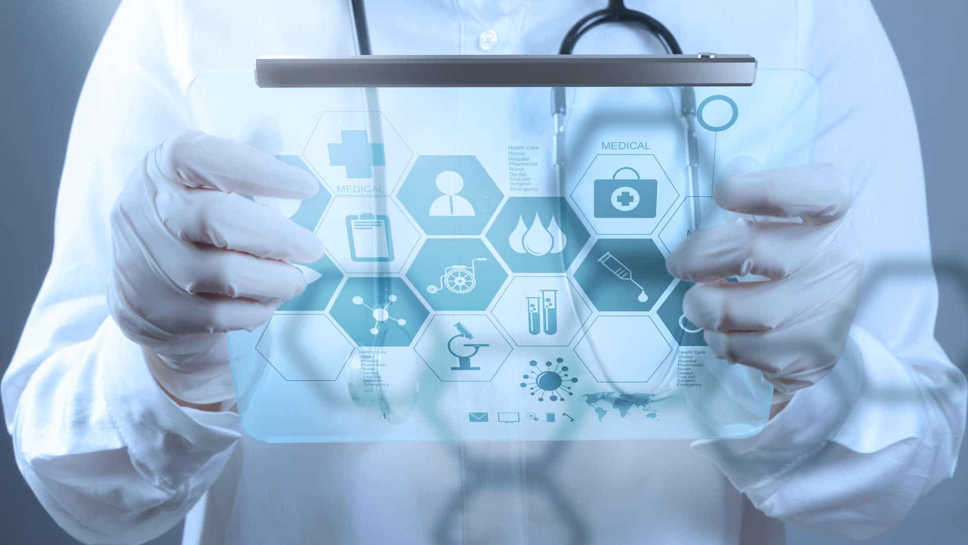 Icone mediche digitali esagonali blu, 1920x1080 Full HD, PC