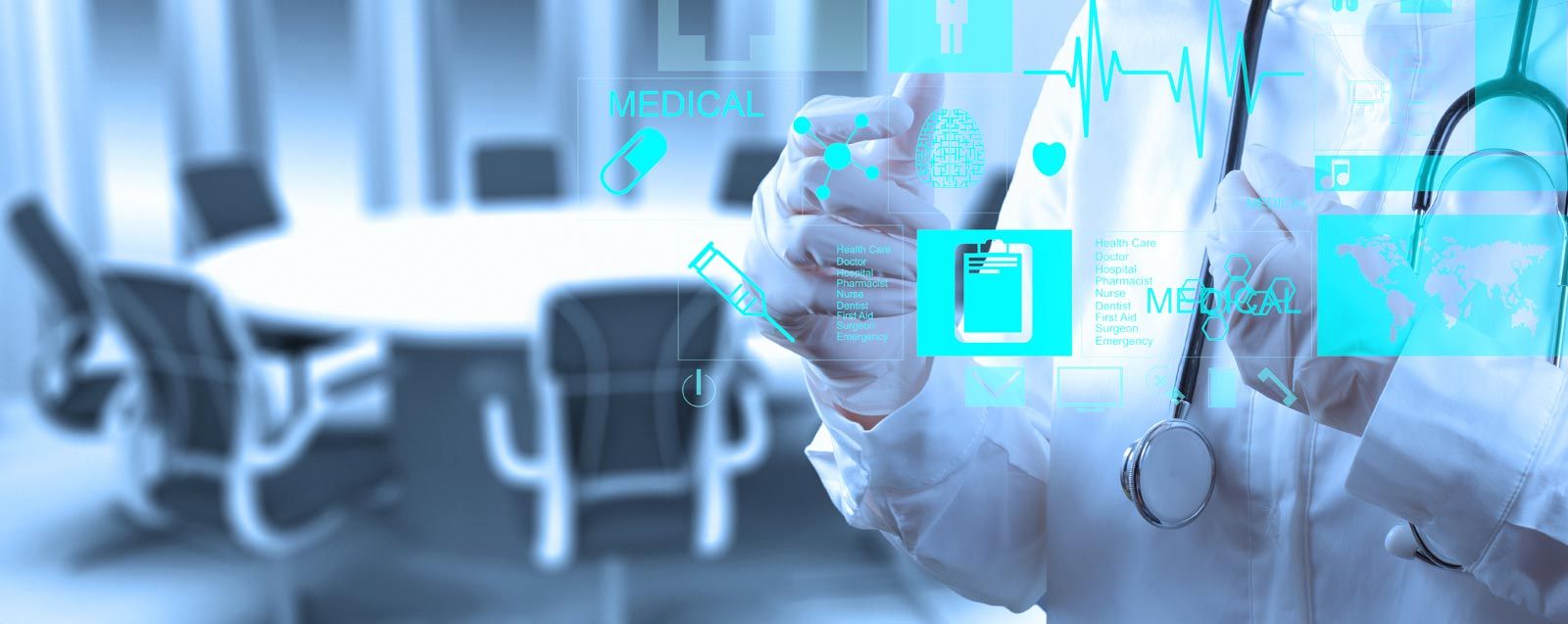 Medico con icone digitali mediche, 1600x637 Panoramico, Dual Screen