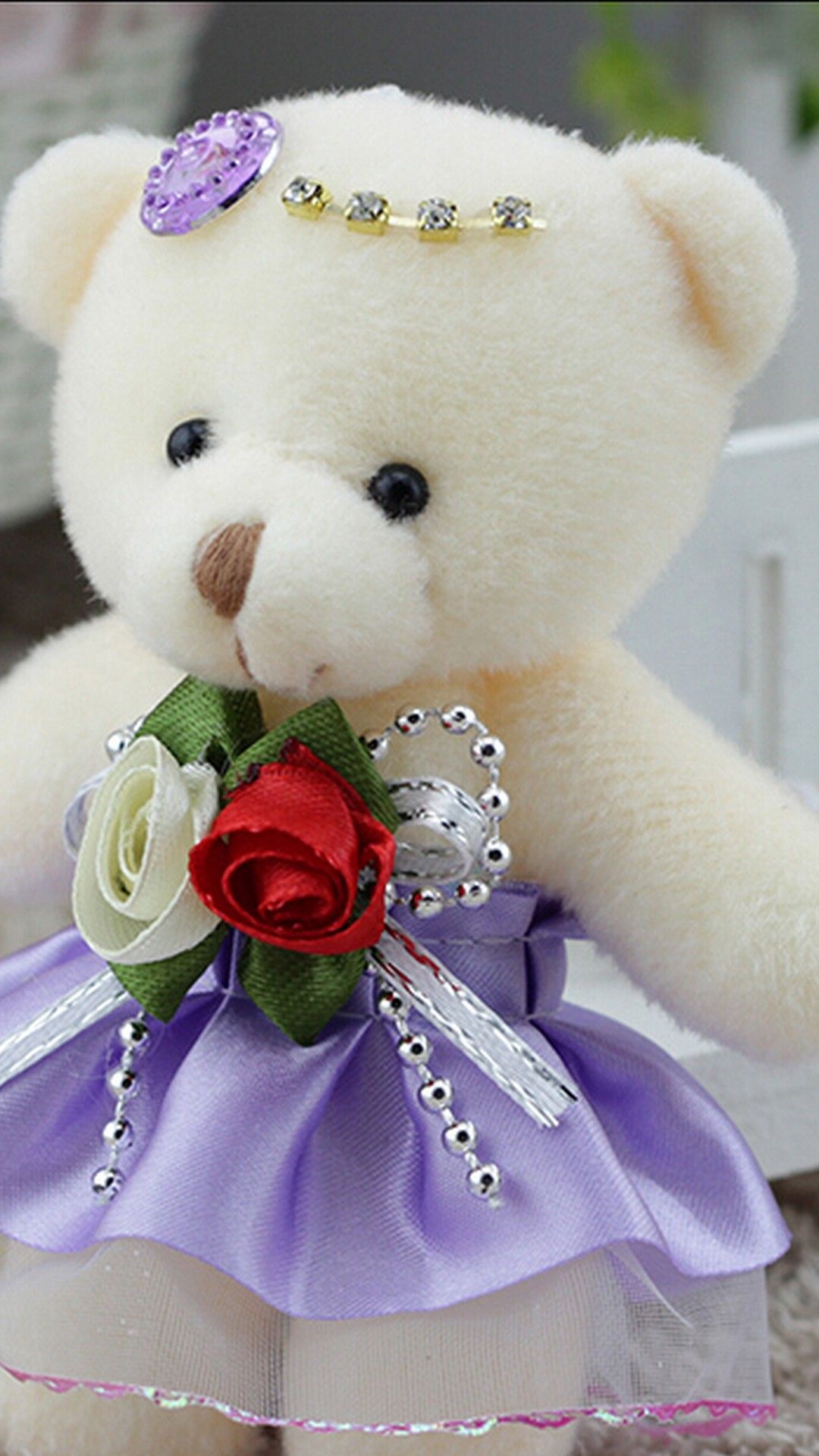 Orsetto peluche bianco con rosa, 1080x1920 Verticale, Telefono
