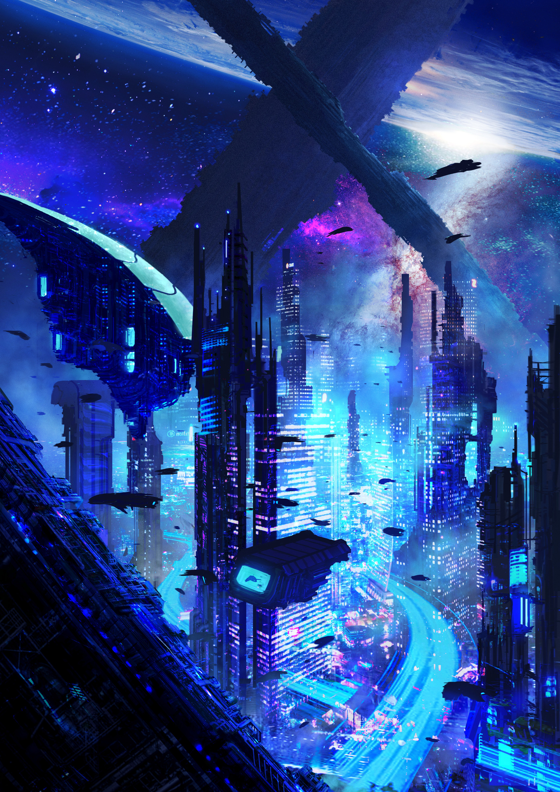 città futuristica sci-fi blu, 1920x2716 Verticale, Telefono