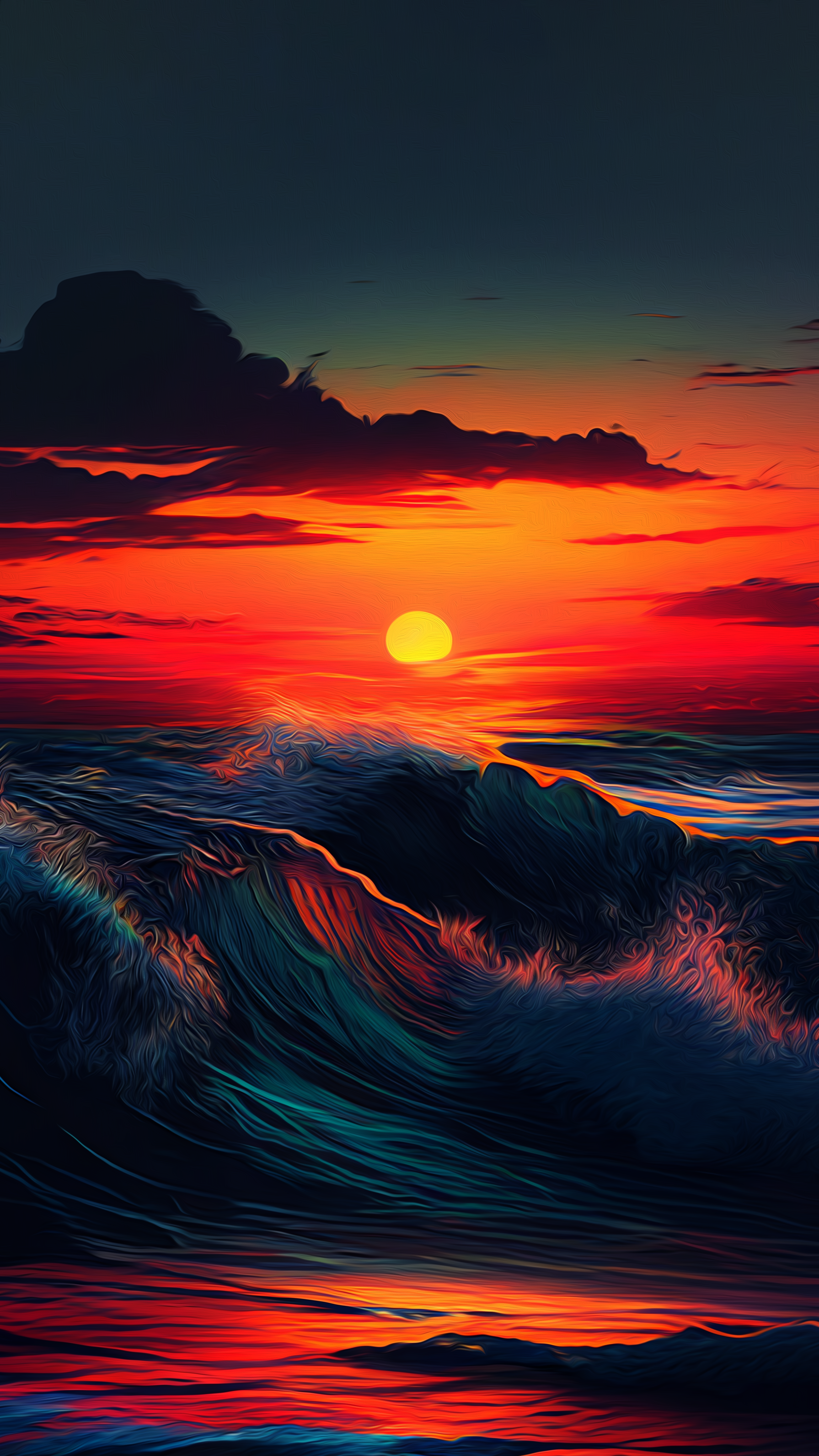 Tramonto sul mare, onde, 2304x4096 Verticale, Telefono