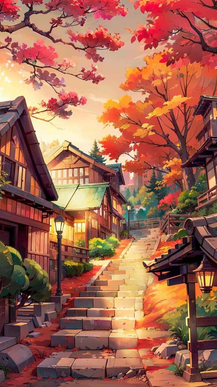 Villaggio giapponese autunnale con scalinata, 736x1309 Verticale, Telefono