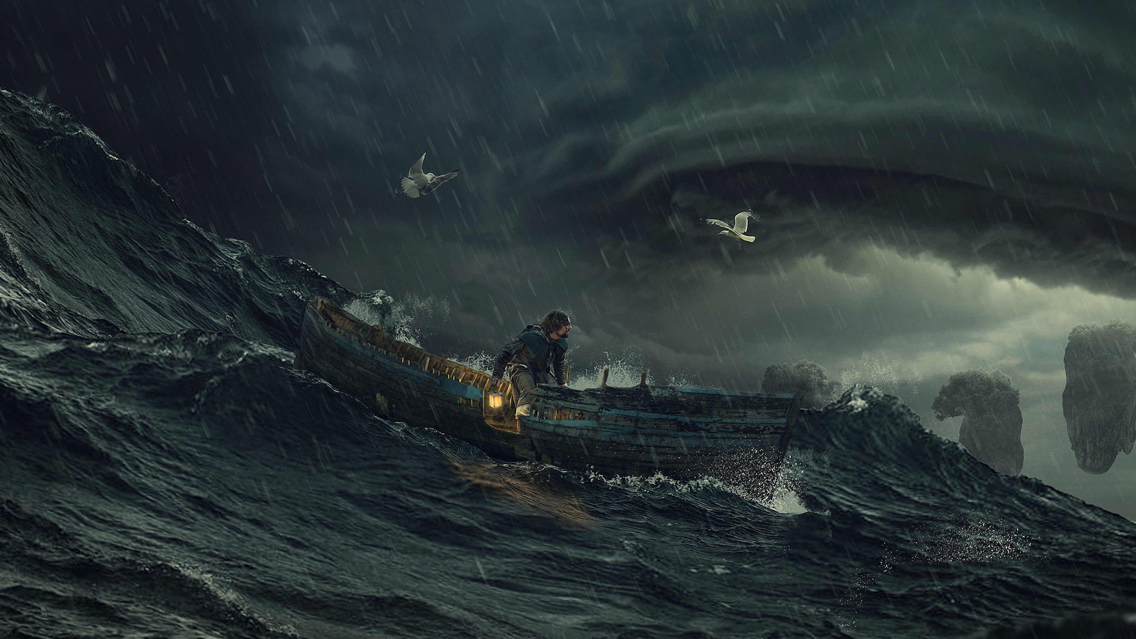Tempesta oceanica con uccelli e figura, 3840x2160 UHD, PC 4K
