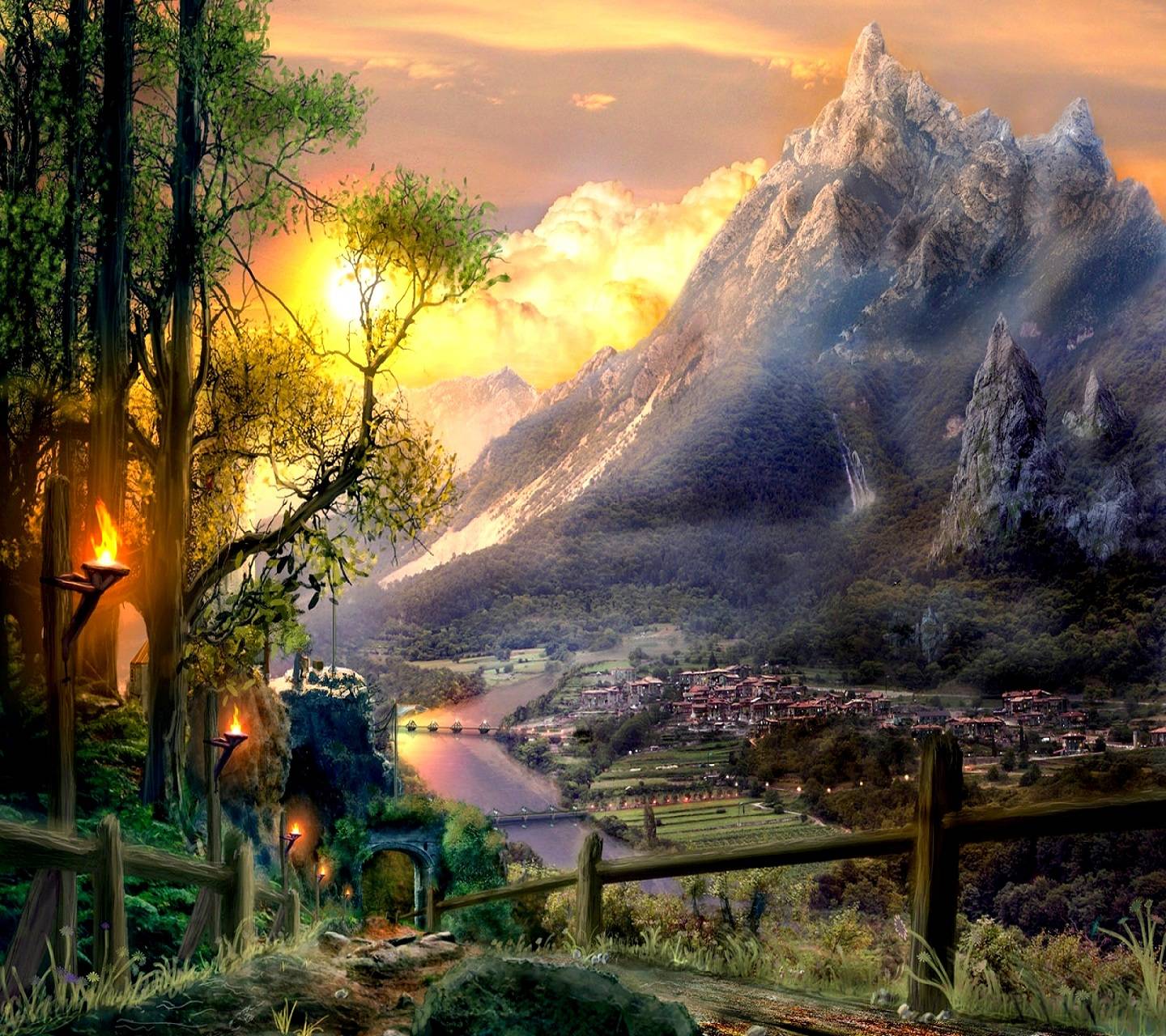 Villaggio fantasy tra montagne dorate, 1440x1280 HD, Desktop