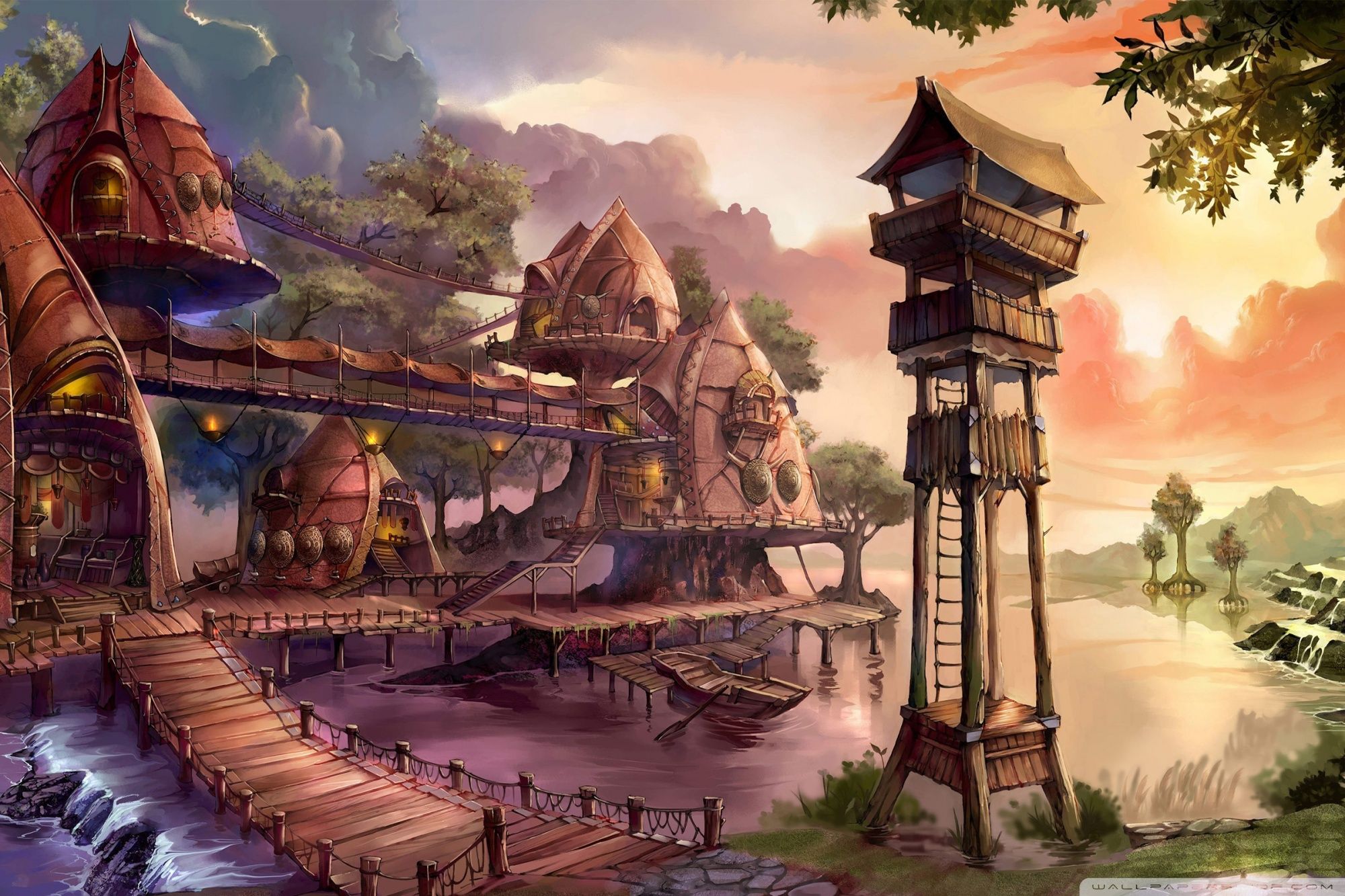 Villaggio fantasy con torre di legno, 2000x1333 Hi-Res, PC
