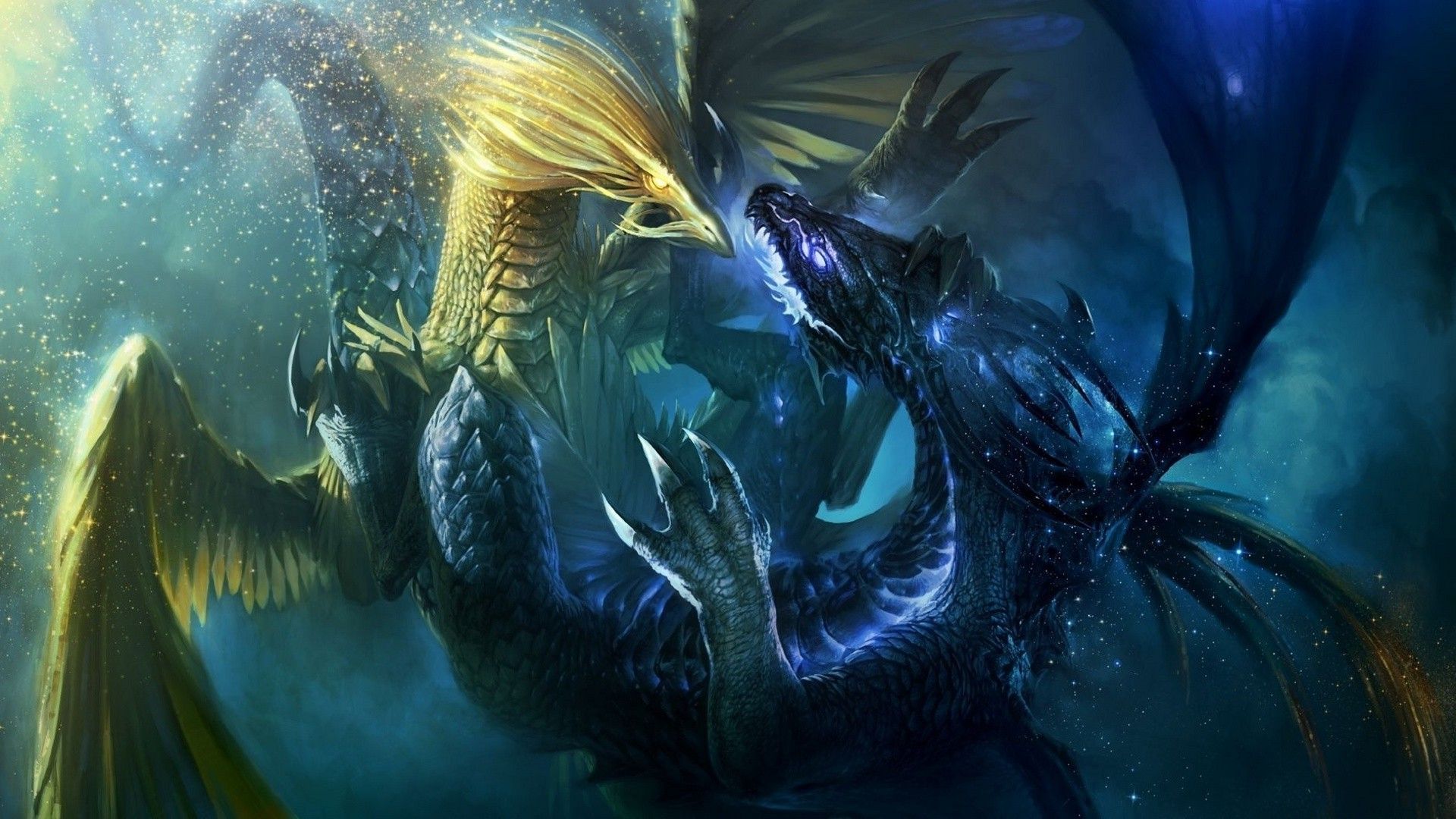 Draghi fantasy blu combattono, 1920x1080 Full HD, PC Desktop