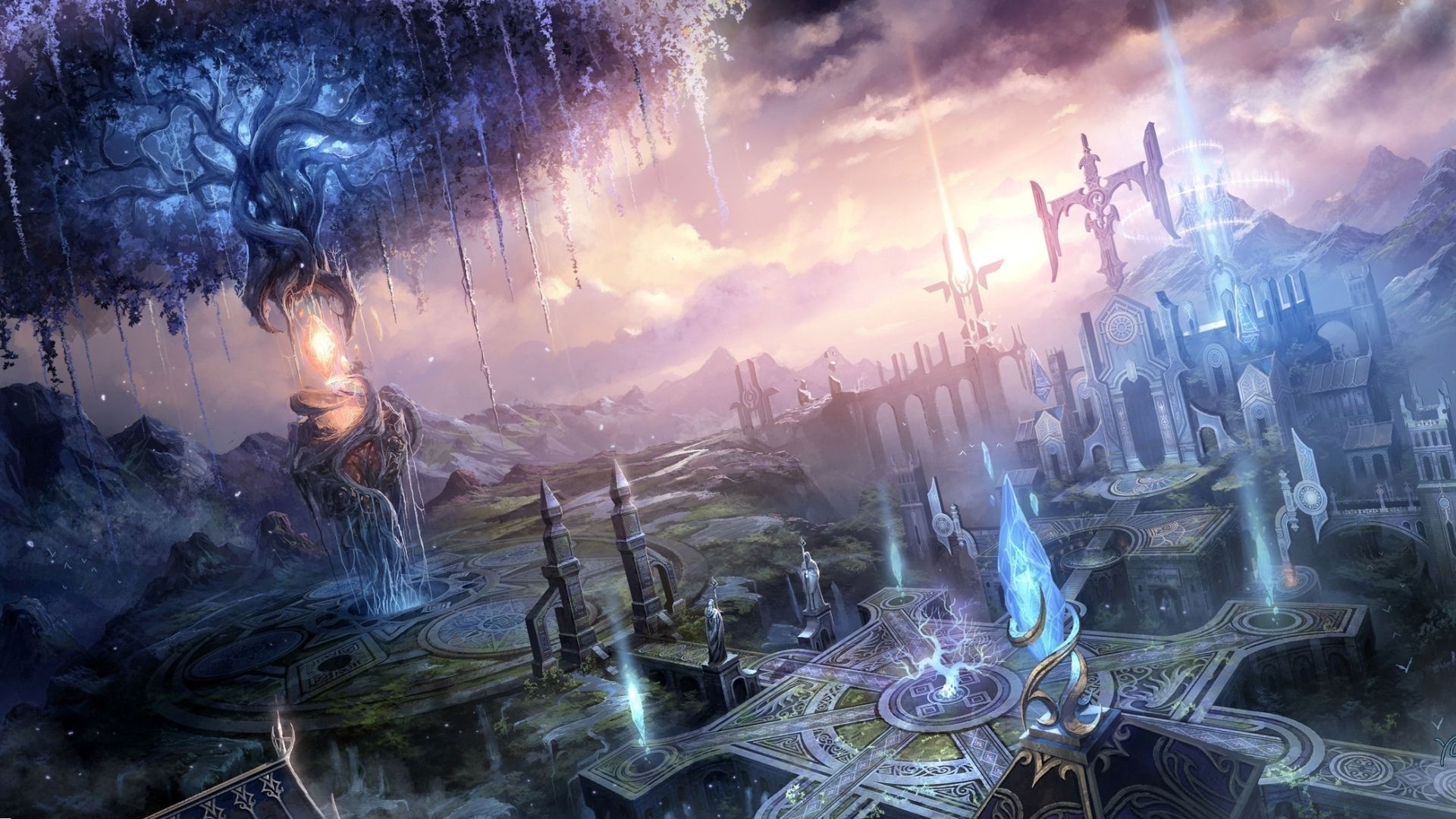Paesaggio fantasy con albero magico, 1920x1080 Full HD, Desktop