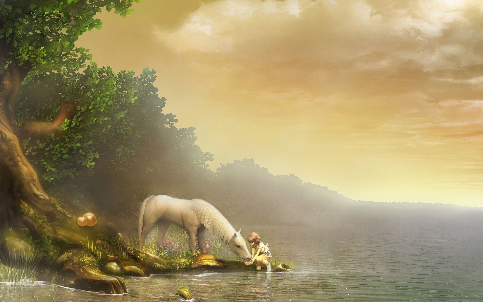 Unicorno bianco riva lago fantasy, 1920x1200 Full HD+ WUXGA, PC Desktop