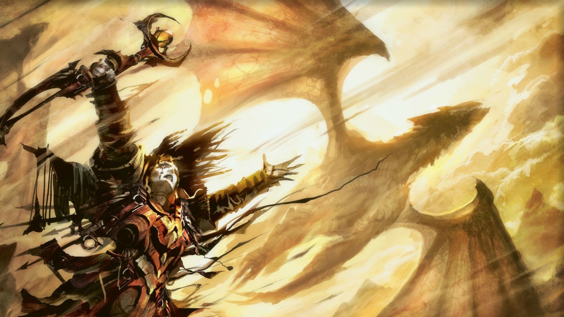 Guerriero fantasy con drago dorato, 1920x1080 Full HD, PC Desktop