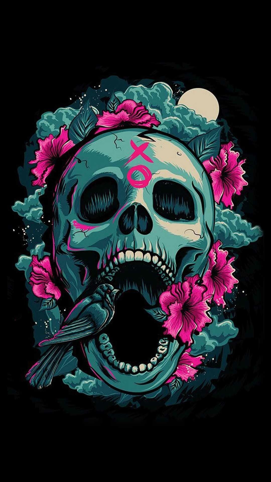 Teschio verde con fiori rosa, 1080x1920 Full HD Verticale, Smartphone