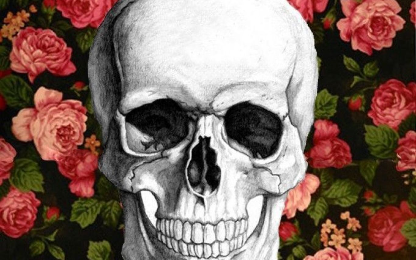 Teschio disegnato con rose vintage, 1368x855 HD, Desktop