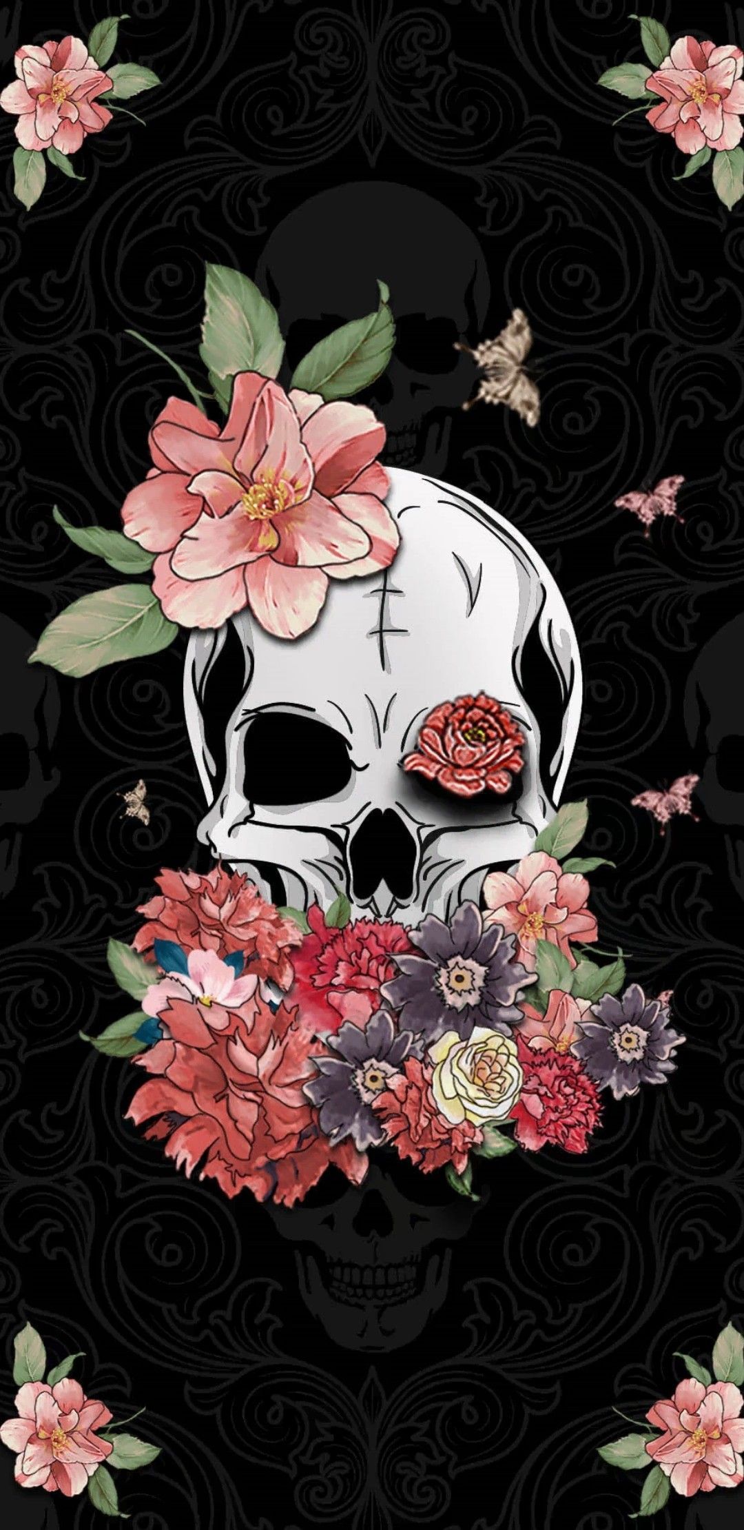 Teschio con fiori vintage, 1080x2220 Full HD Verticale, Google Pixel