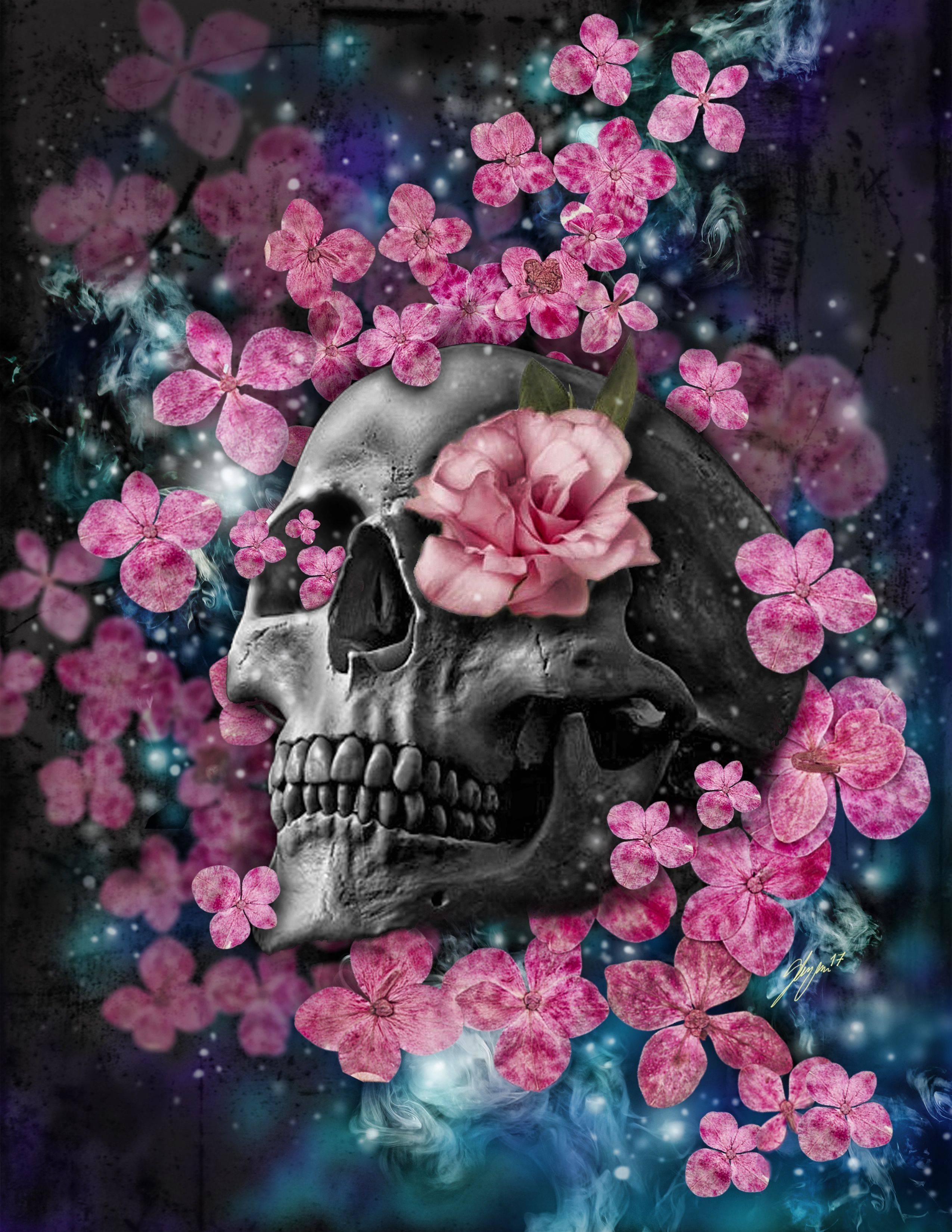 Teschio con fiori rosa, 2550x3300 Full HD Verticale, Smartphone