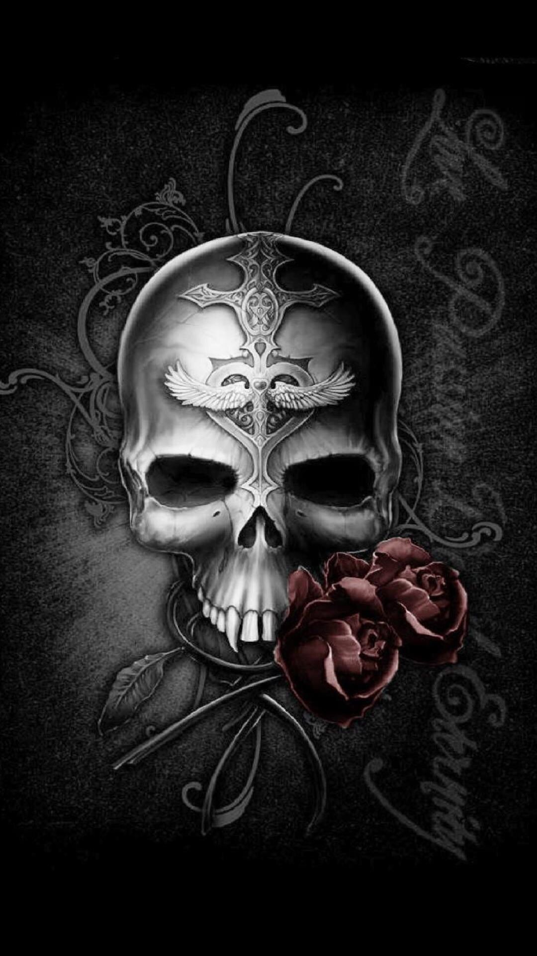 Teschio decorato con rose rosse, 1080x1920 Full HD Verticale, Smartphone