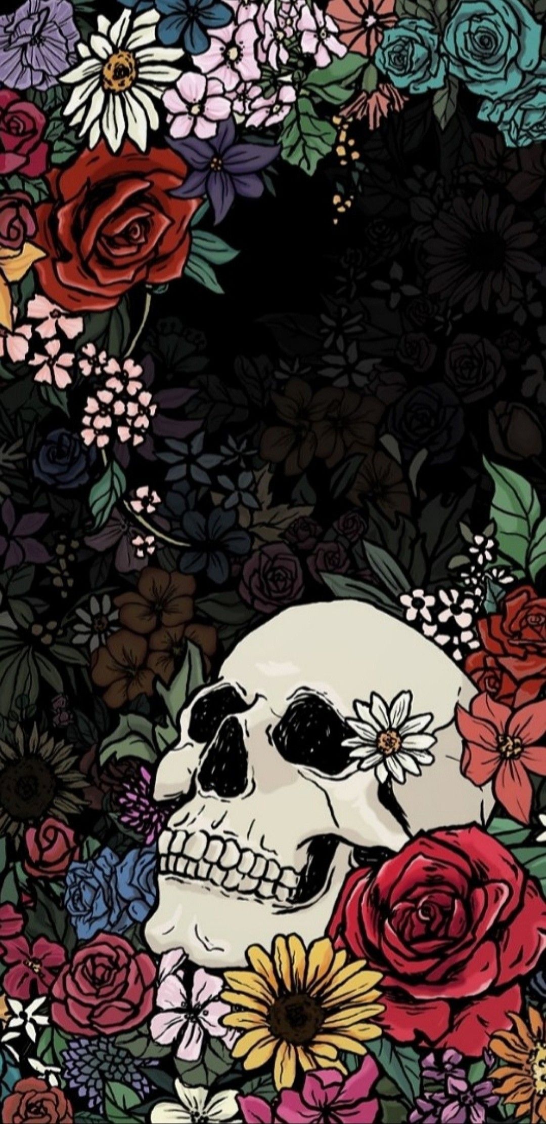 Teschio con fiori colorati, 1080x2220 Full HD Verticale, iPhone