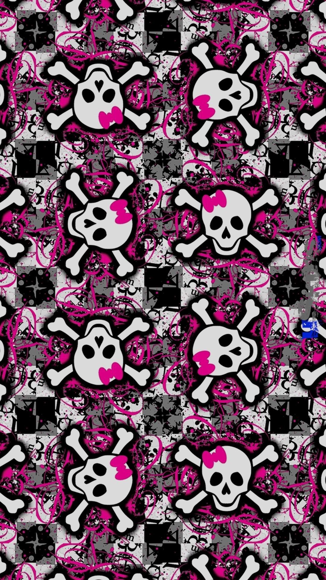 Teschi con fiocco rosa pattern, 1080x1920 Verticale, Mobile