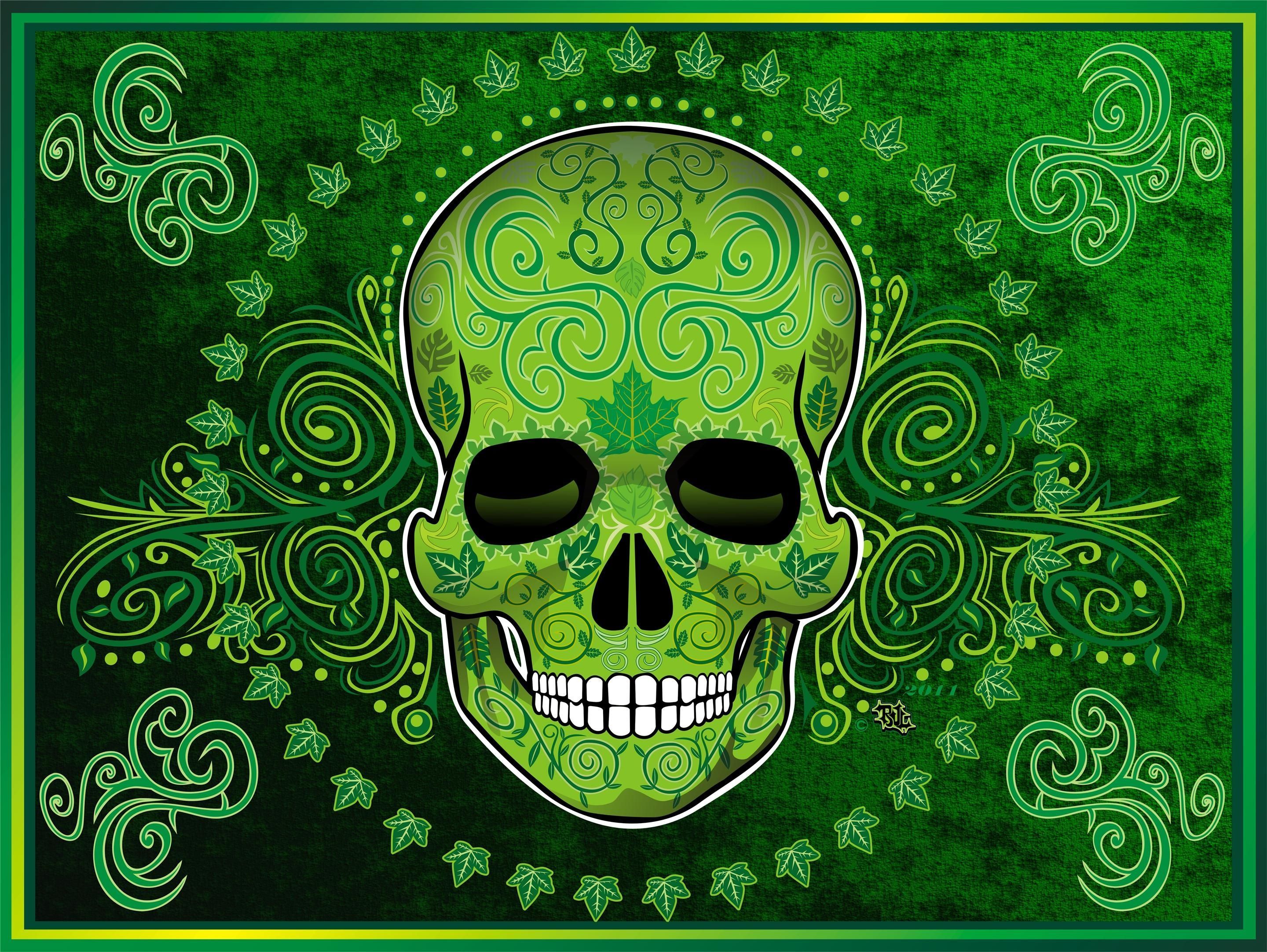 Teschio verde ornamentale con foglie, 2880x2165 2K+, PC
