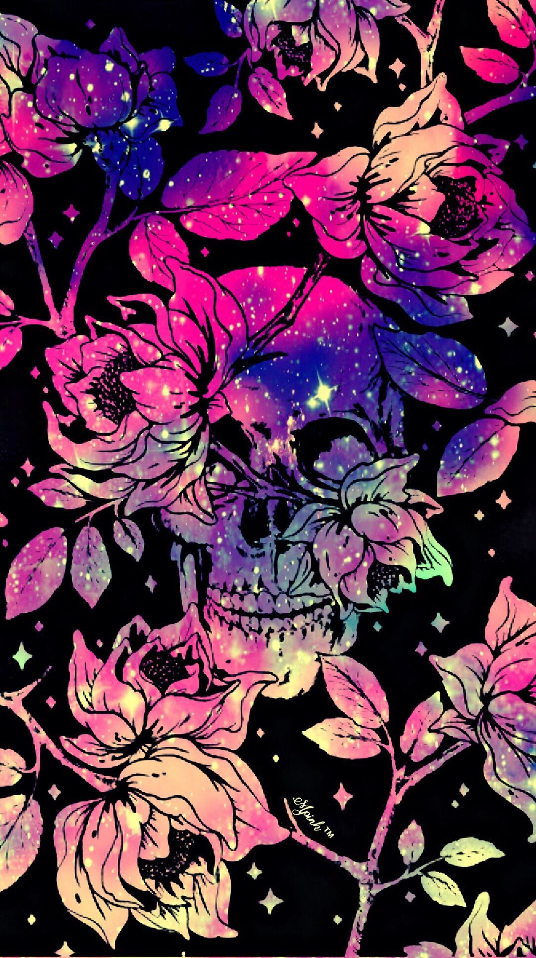 Teschio galassia con fiori rosa, 1075x1920 Full HD Verticale, Smartphone