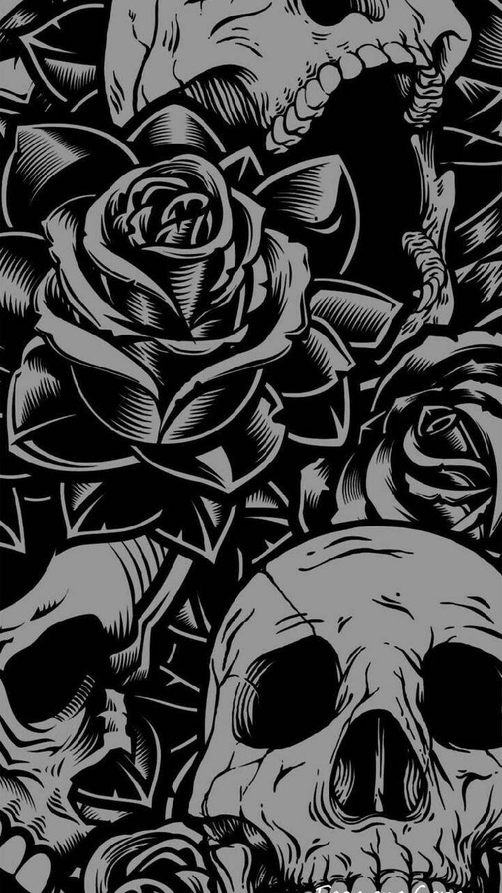 Teschio nero con rose, 720x1280 Verticale, Telefono