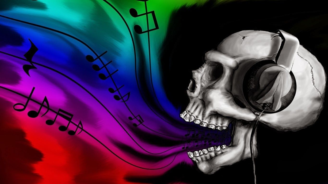 Teschio con cuffie e note musicali, 1366x768 720p, Laptop