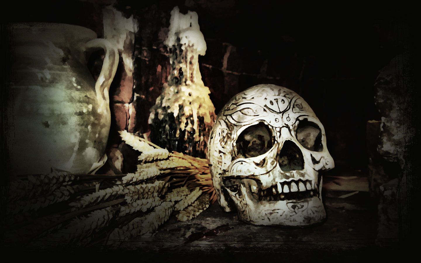 Teschio decorato con candela, 1440x900 720p, PC