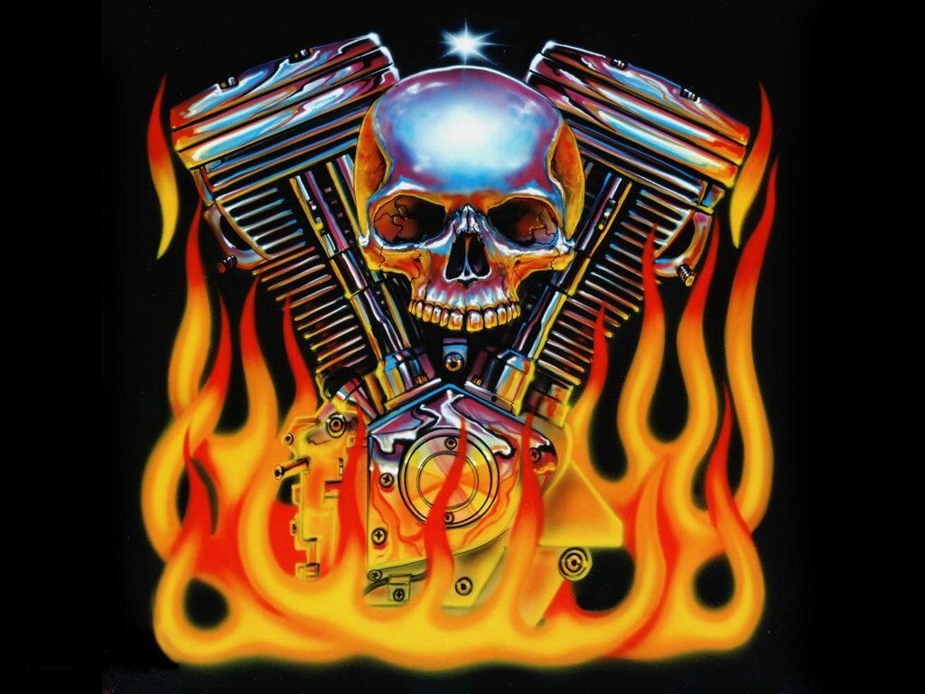 Teschio motore Harley-Davidson fiamme, 1024x768 HD, Desktop