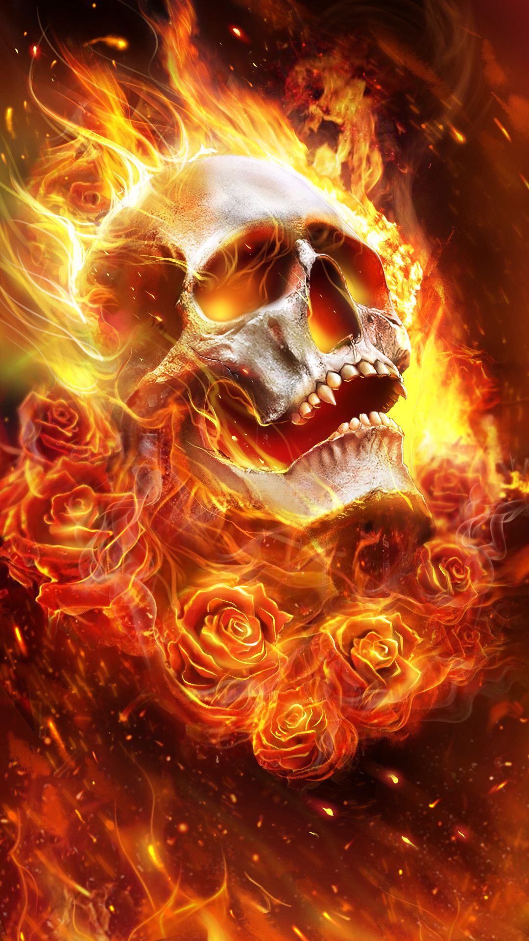 Teschio in fiamme con rose, 1080x1920 Verticale, Samsung Galaxy