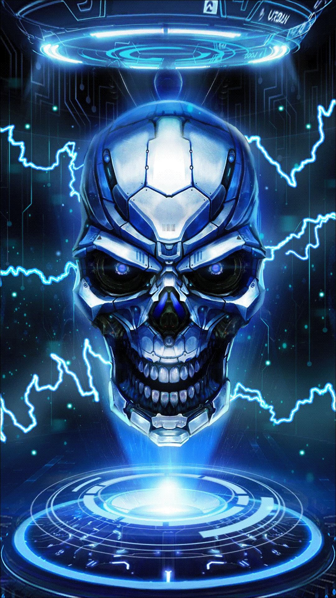 Teschio robotico blu elettrico, 1080x1920 Full HD Verticale, iPhone