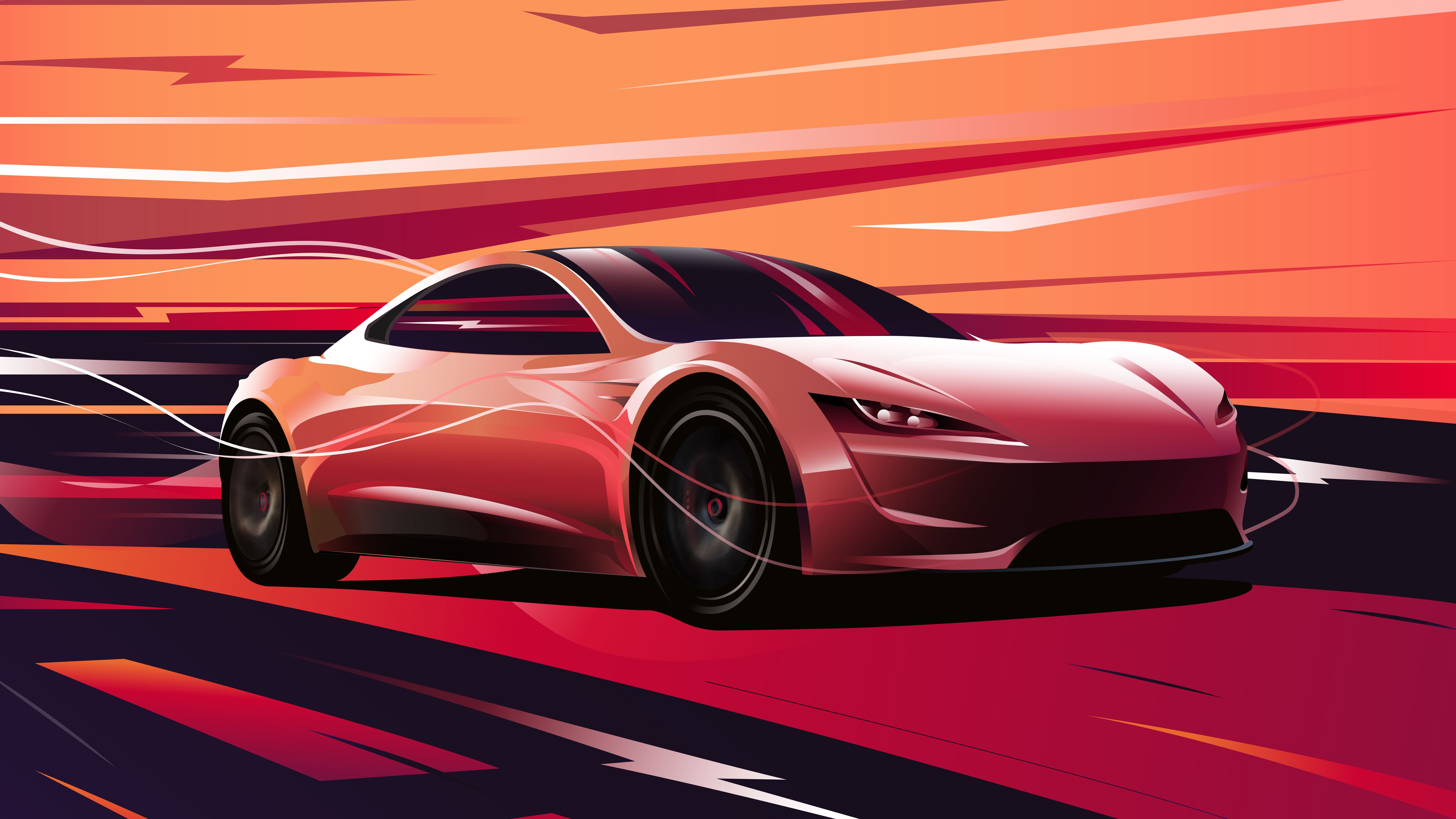 Tesla Roadster illustrazione stilizzata rossa, 7680x4320 Ultra HD, Monitor 4K