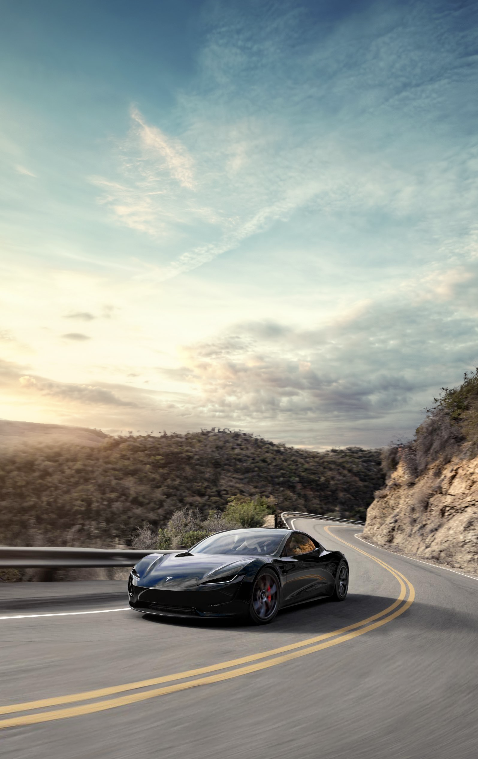 Tesla Roadster nera su strada, 1595x2534 Verticale, Telefono
