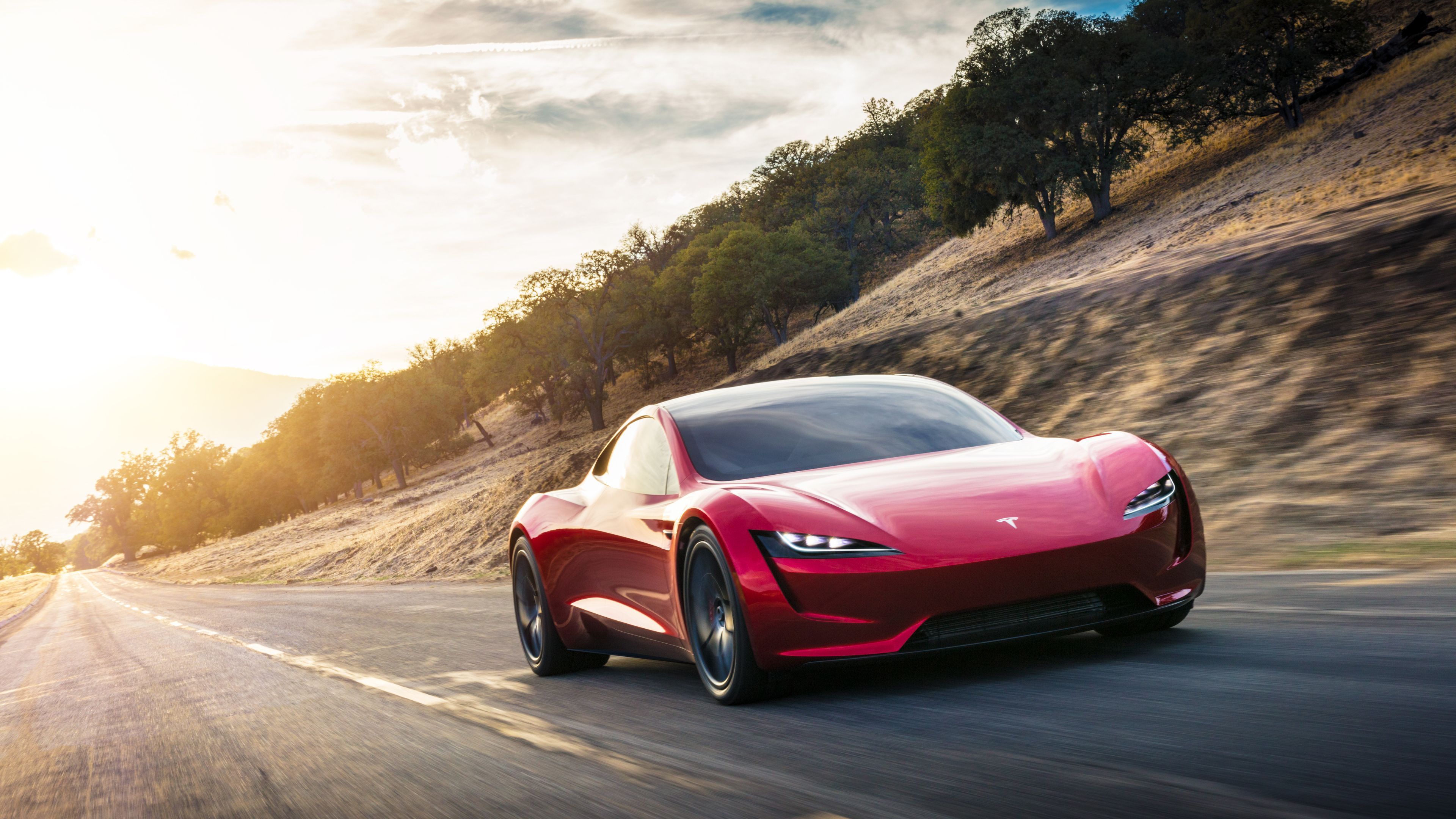 Tesla Roadster rossa su strada, Elon Musk, 3840x2160 UHD, PC 4K