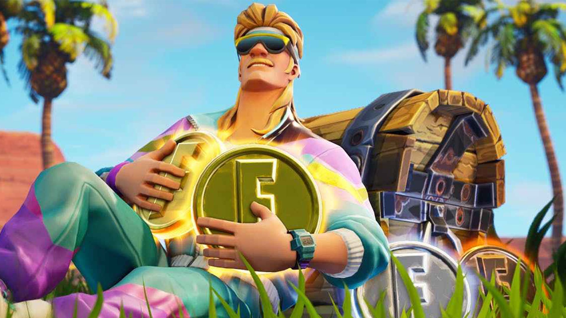 Personaggio Fortnite con moneta d'oro, battle royale, 1920x1080 Full HD, Desktop