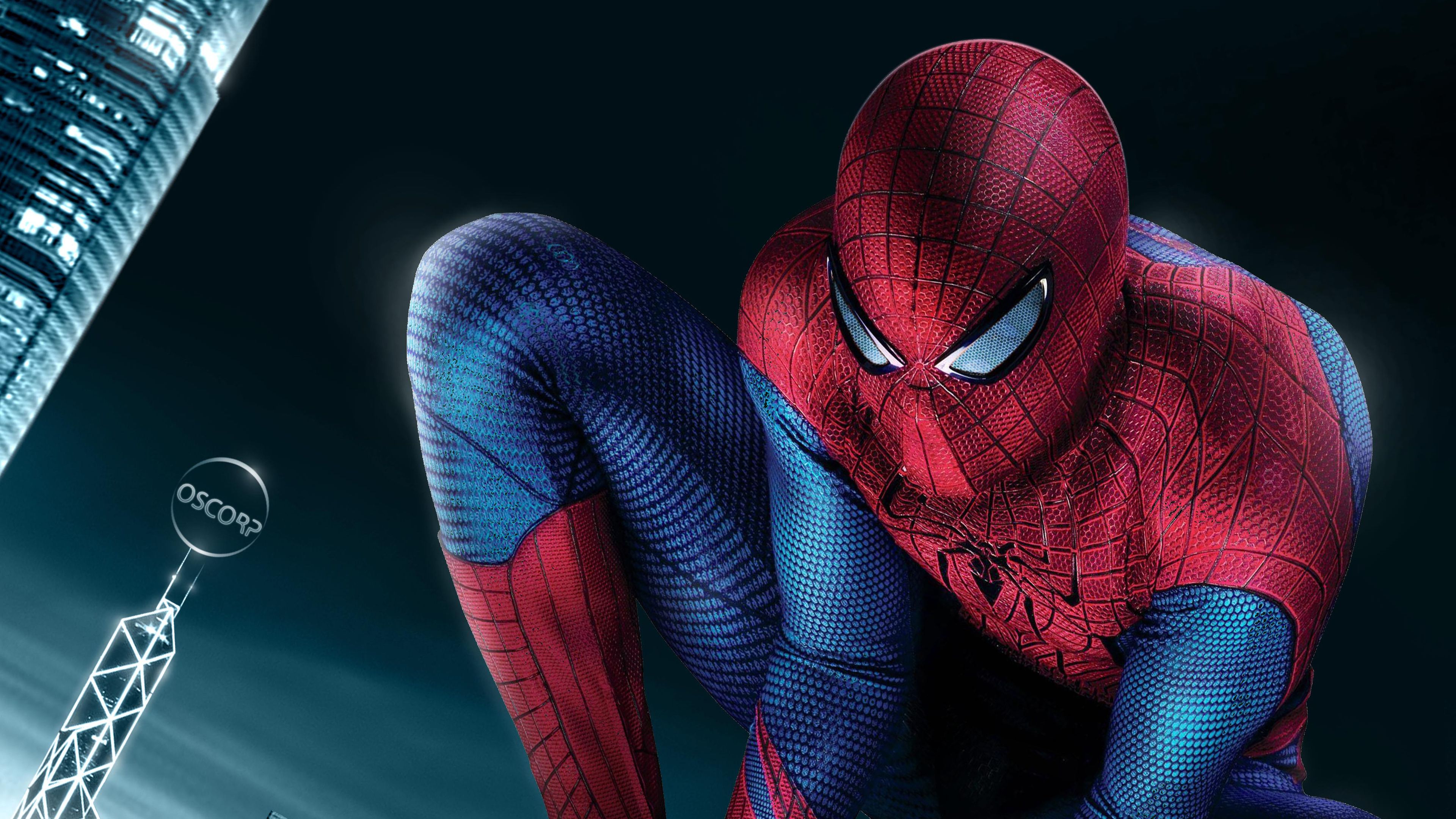 Spider-Man accovacciato città notturna, 3840x2160 Ultra HD, Monitor 4K