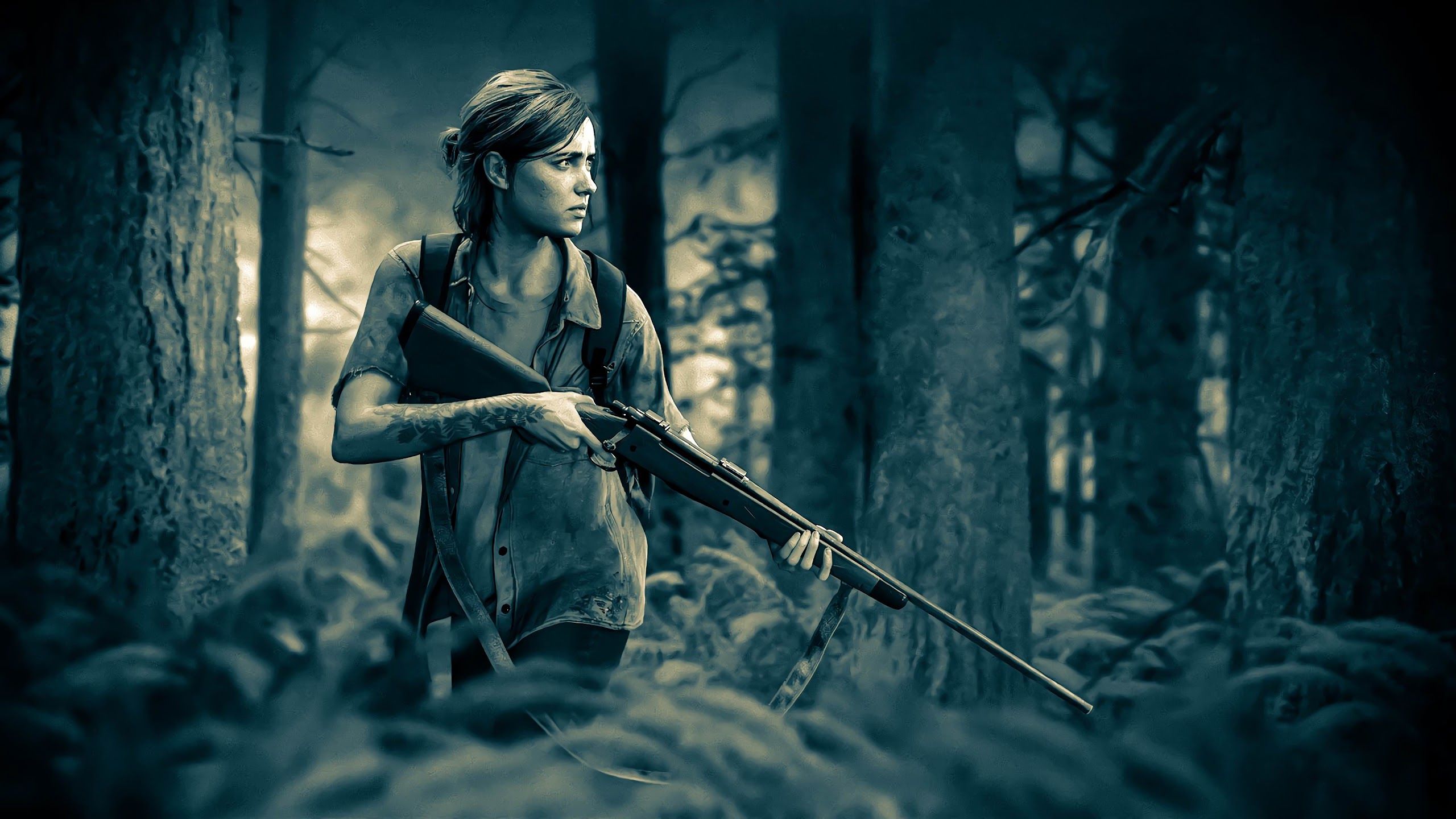 Ellie con fucile nella foresta, 2560x1440 1440p, Desktop