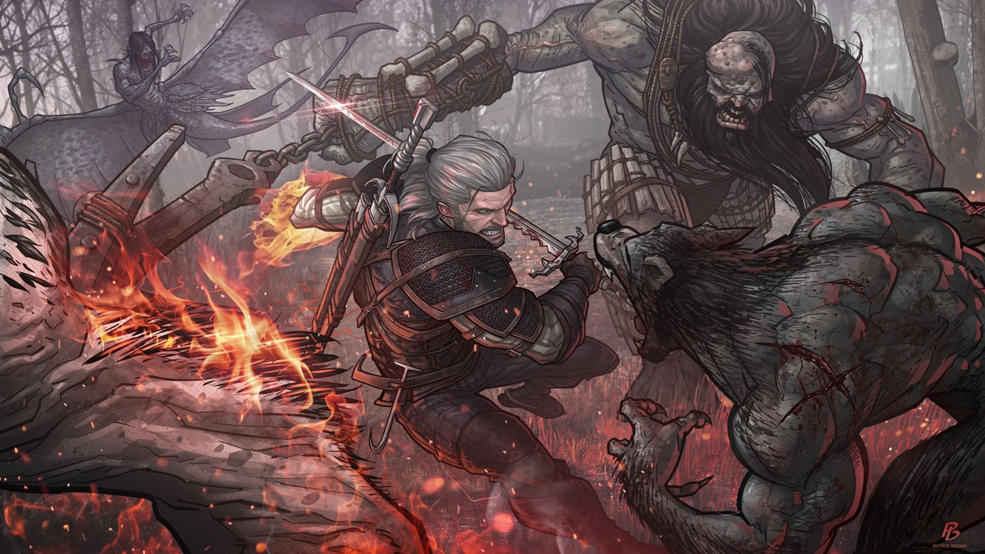 Geralt combatte mostri nella foresta, 1920x1080 Full HD, PC Desktop