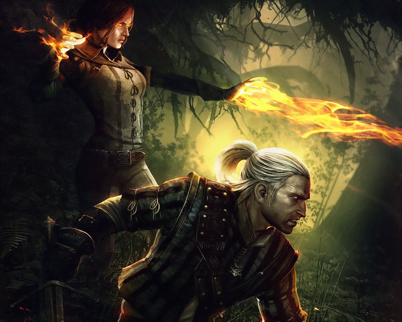 Geralt e Triss magia fuoco, The Witcher, 1280x1024 720p, Laptop