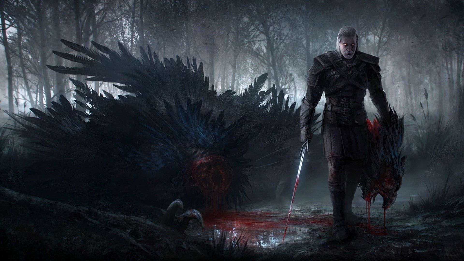 Geralt con griffin nella foresta, Geralt di Rivia, 1920x1080 Full HD, PC