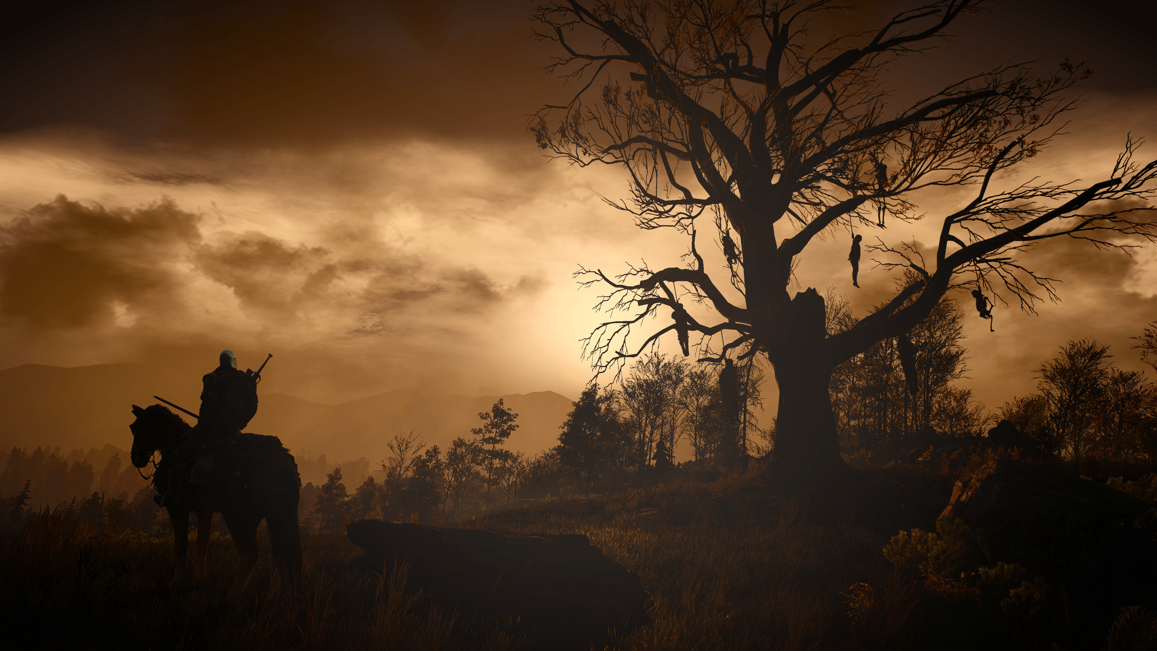 Geralt a cavallo, albero impiccati, 3840x2160 UHD, Monitor Gaming