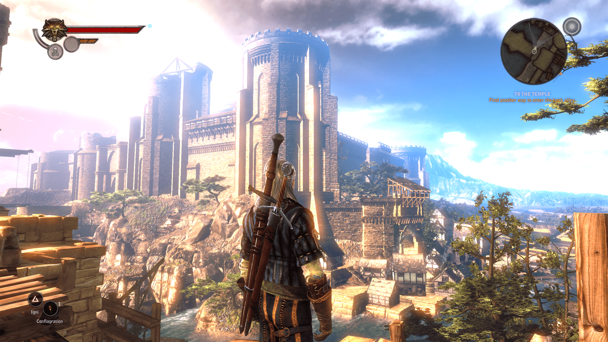 Geralt vista città Witcher 3, 2560x1440 QHD, PC