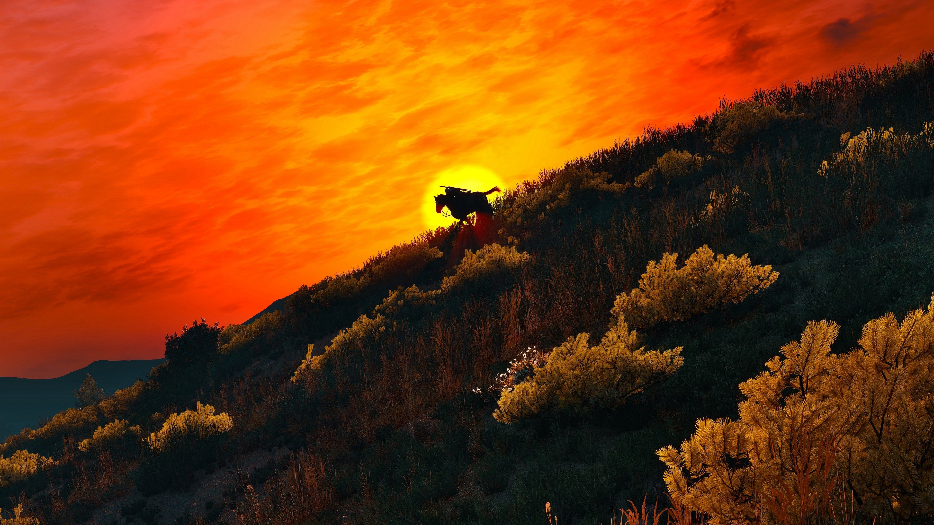 Cavaliere silhouette collina tramonto, 3840x2160 Ultra HD, PC