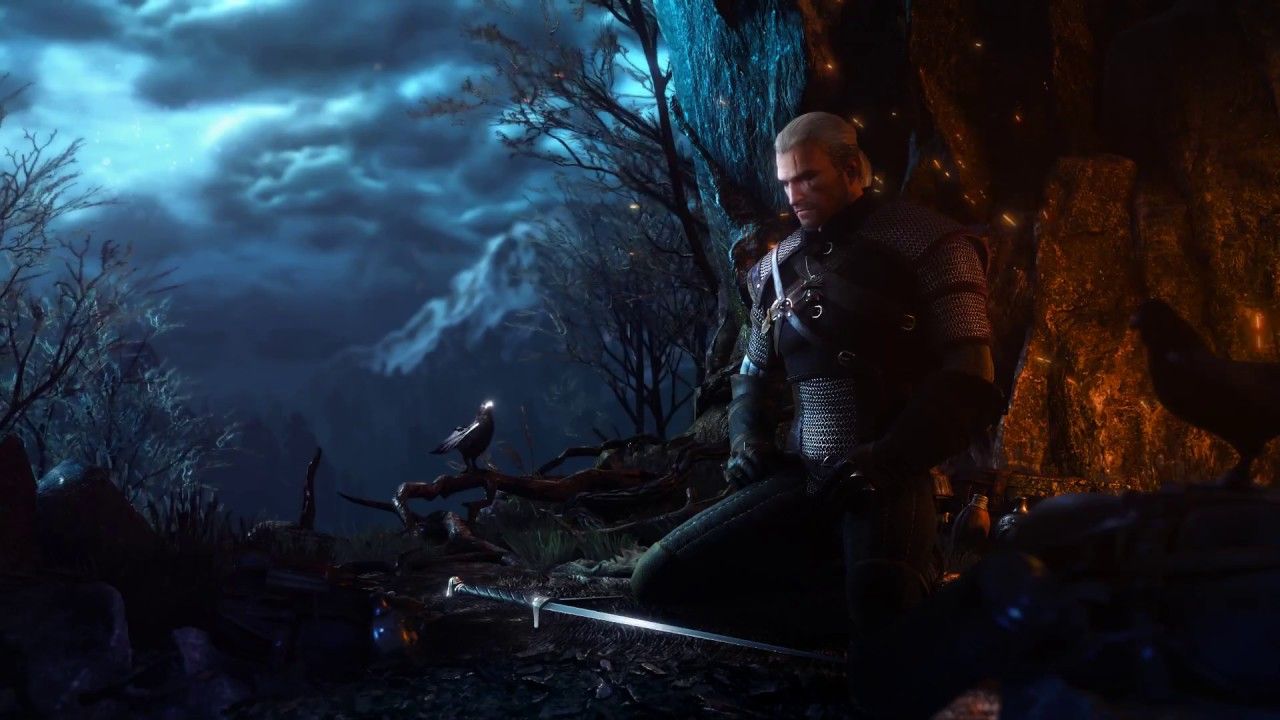 Geralt seduto su roccia notturna, 1280x720 HD, Desktop