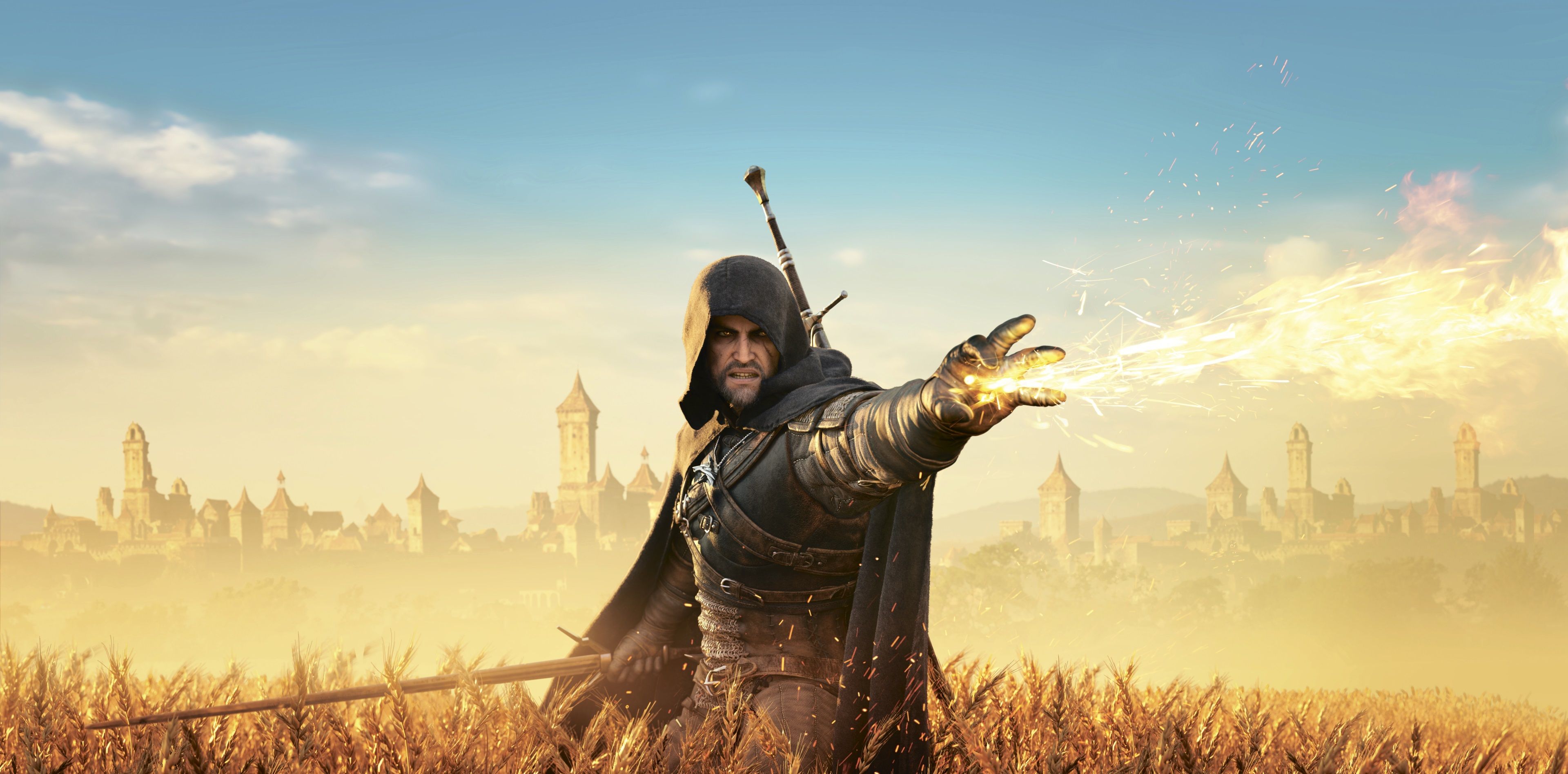 Geralt di Rivia, campo dorato, The Witcher, 3840x1895 4K Ultra HD, Desktop