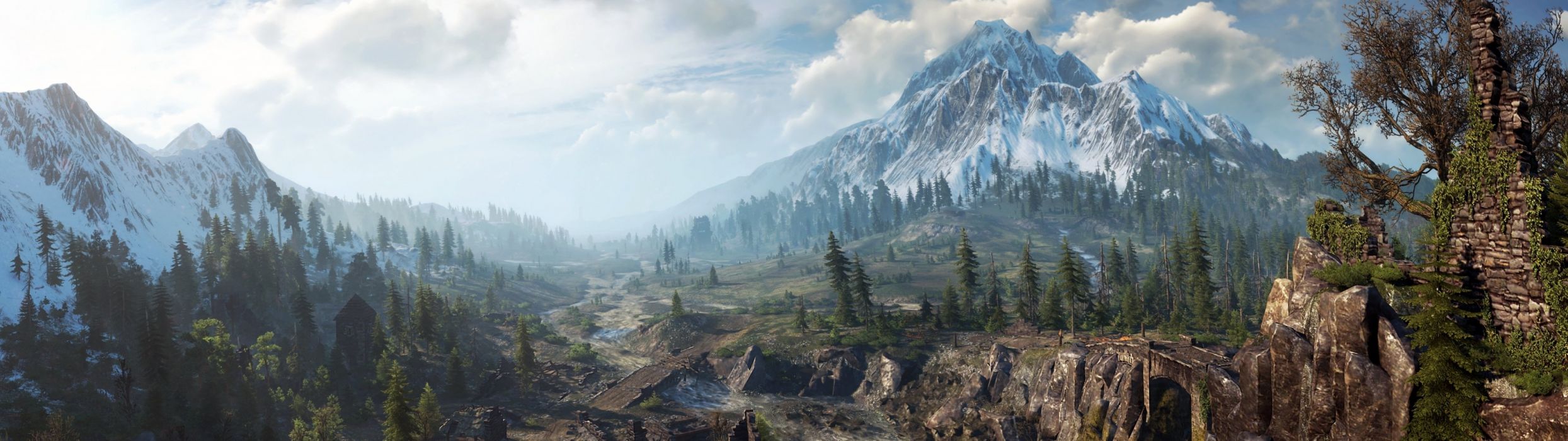 Paesaggio montano The Witcher 3, CD Projekt Red, 2489x700 Ultrawide, Dual Monitor