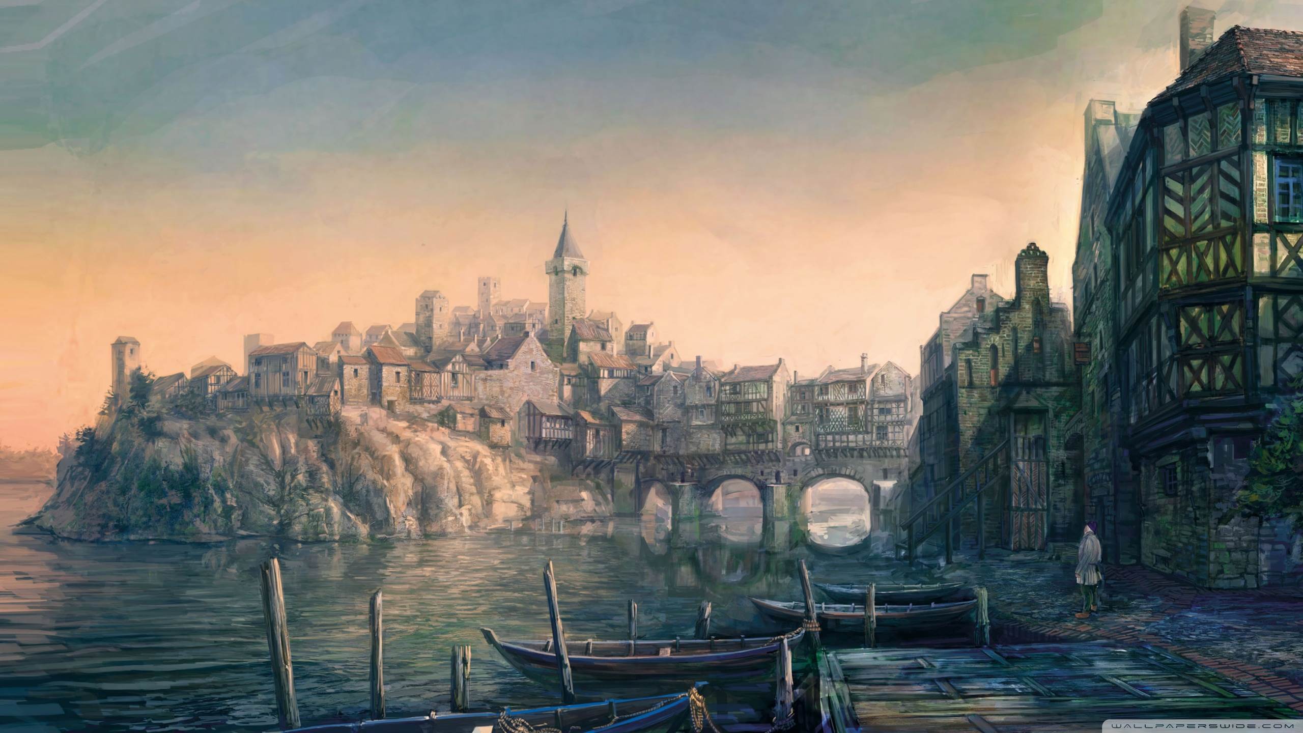 Città portuale fantasy medievale, 2560x1440 2K QHD, PC