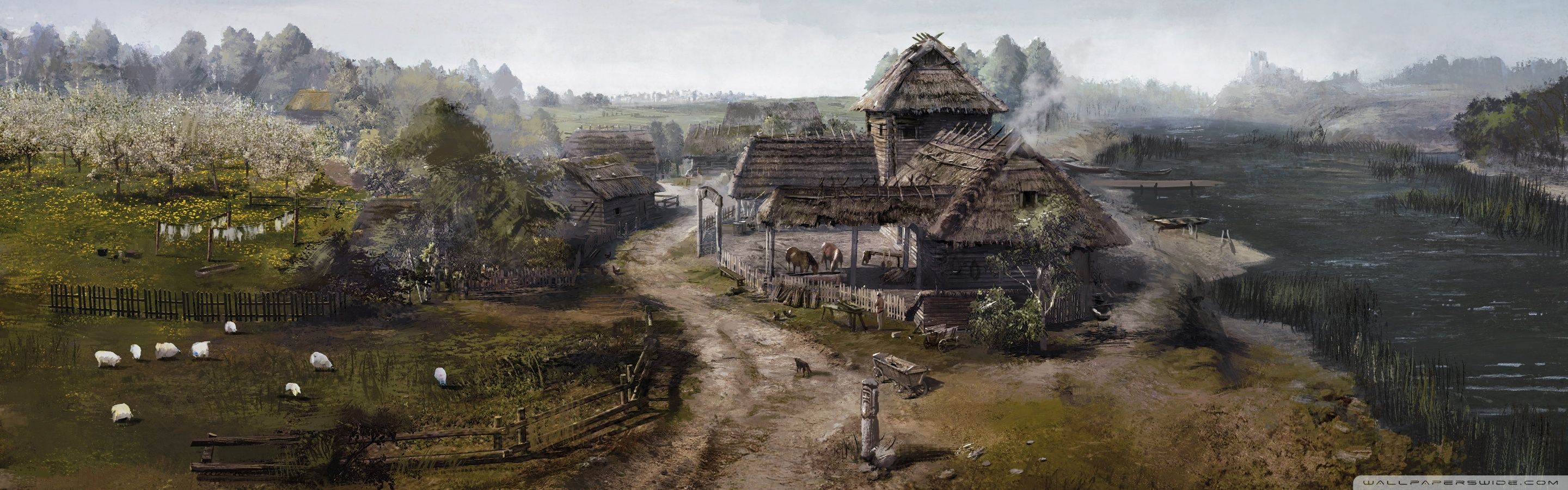 Villaggio medievale The Witcher 3, RPG, 2880x900 Panoramico, Dual Screen