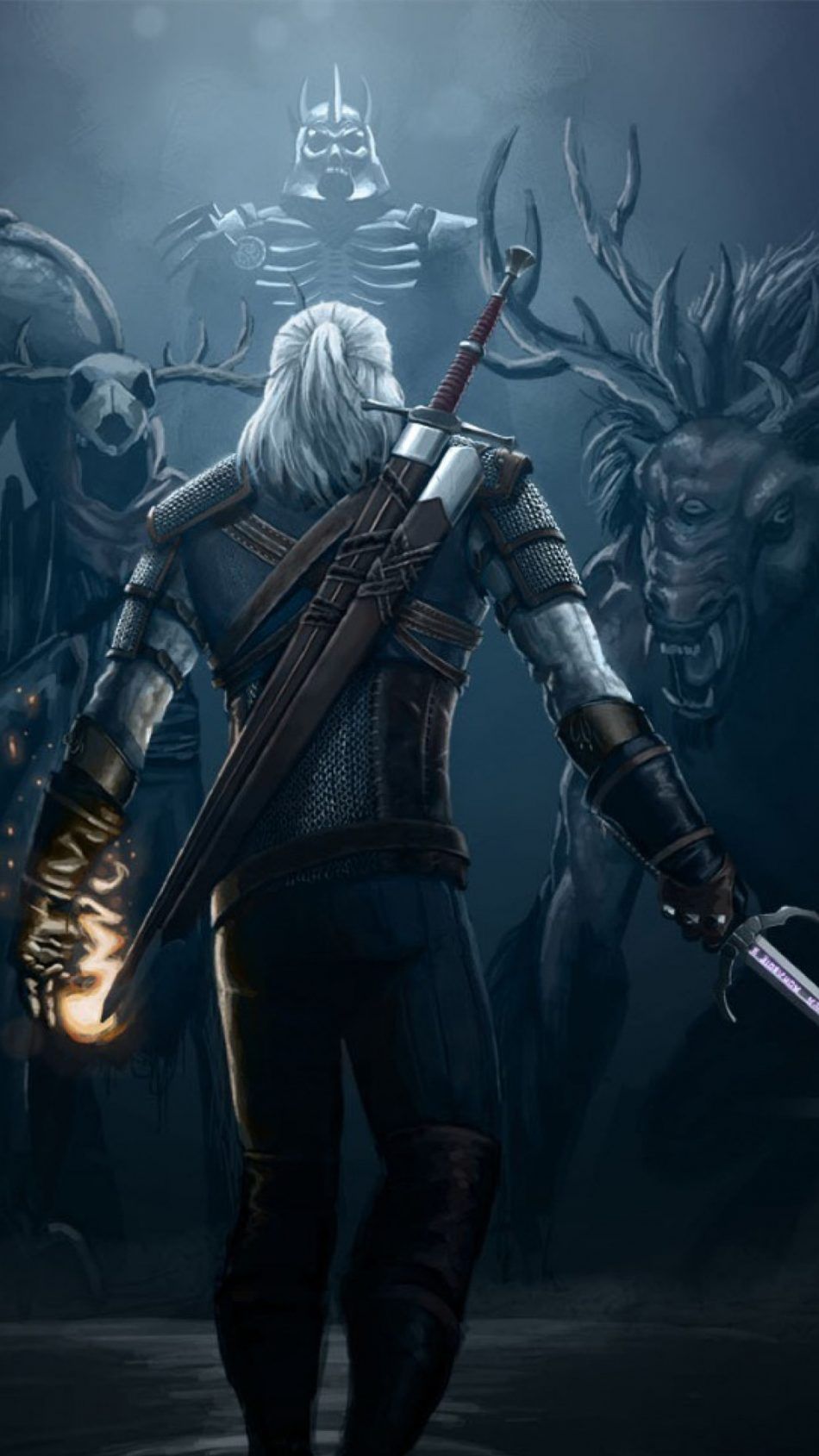 Geralt di Rivia con spade, Lupo Bianco, 950x1689 Full HD Verticale, Oppo