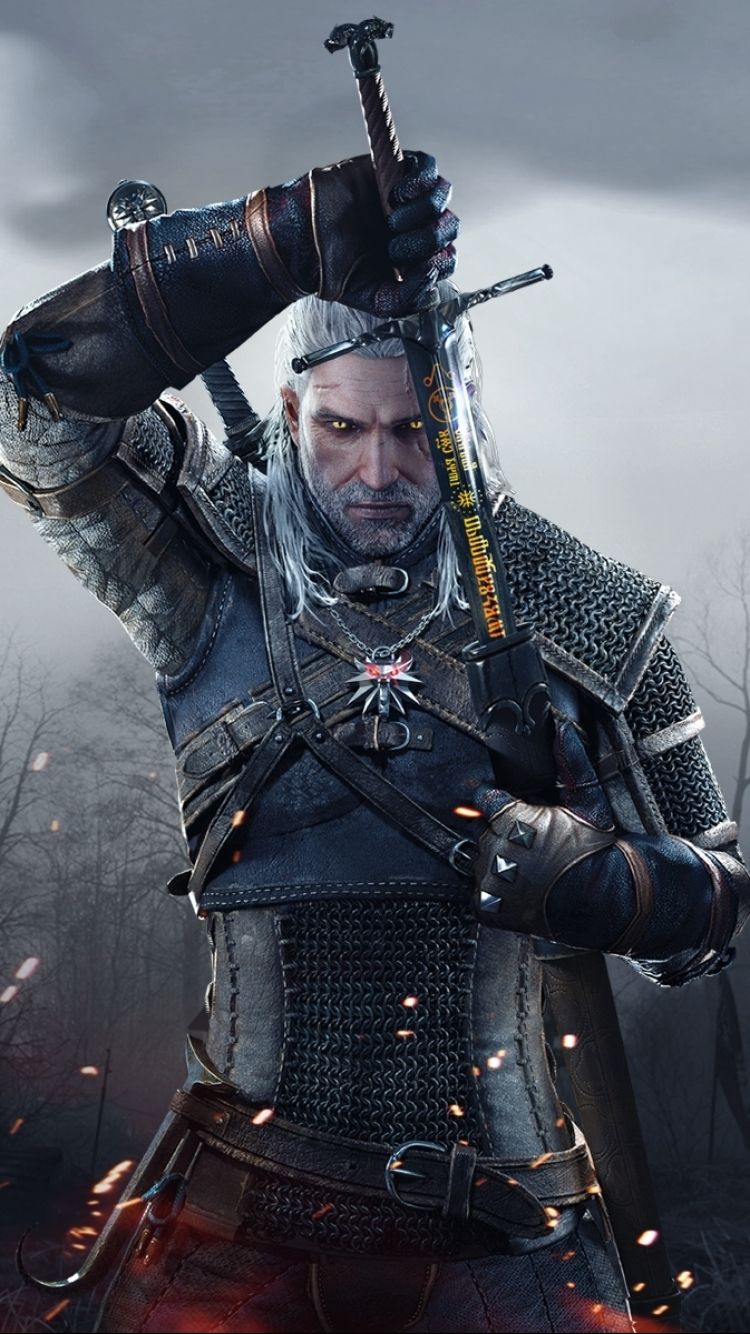 Geralt di Rivia con spade, 750x1334 Verticale, Realme