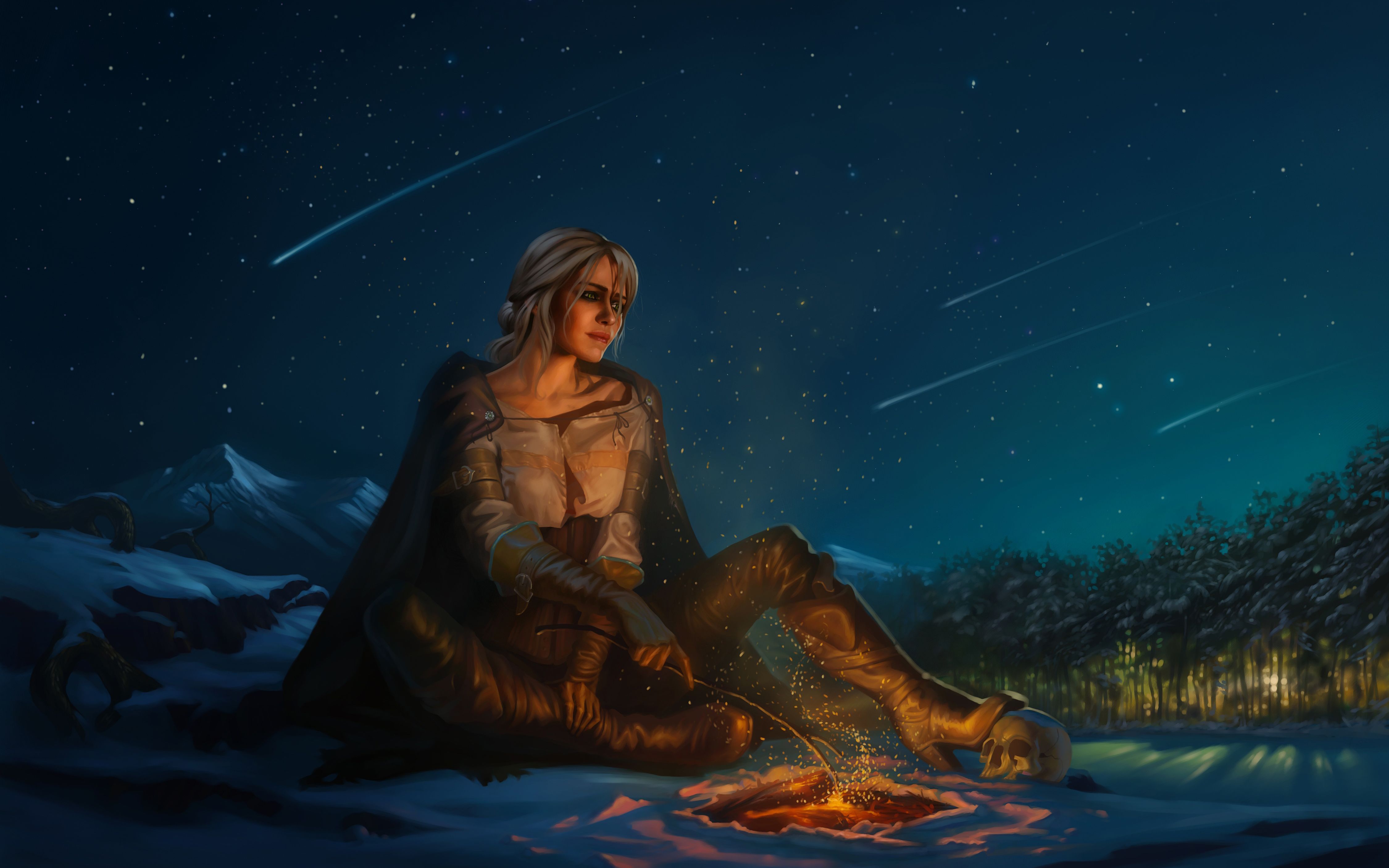 Ciri accanto al falò notturno, 4500x2813 UHD, Monitor 4K