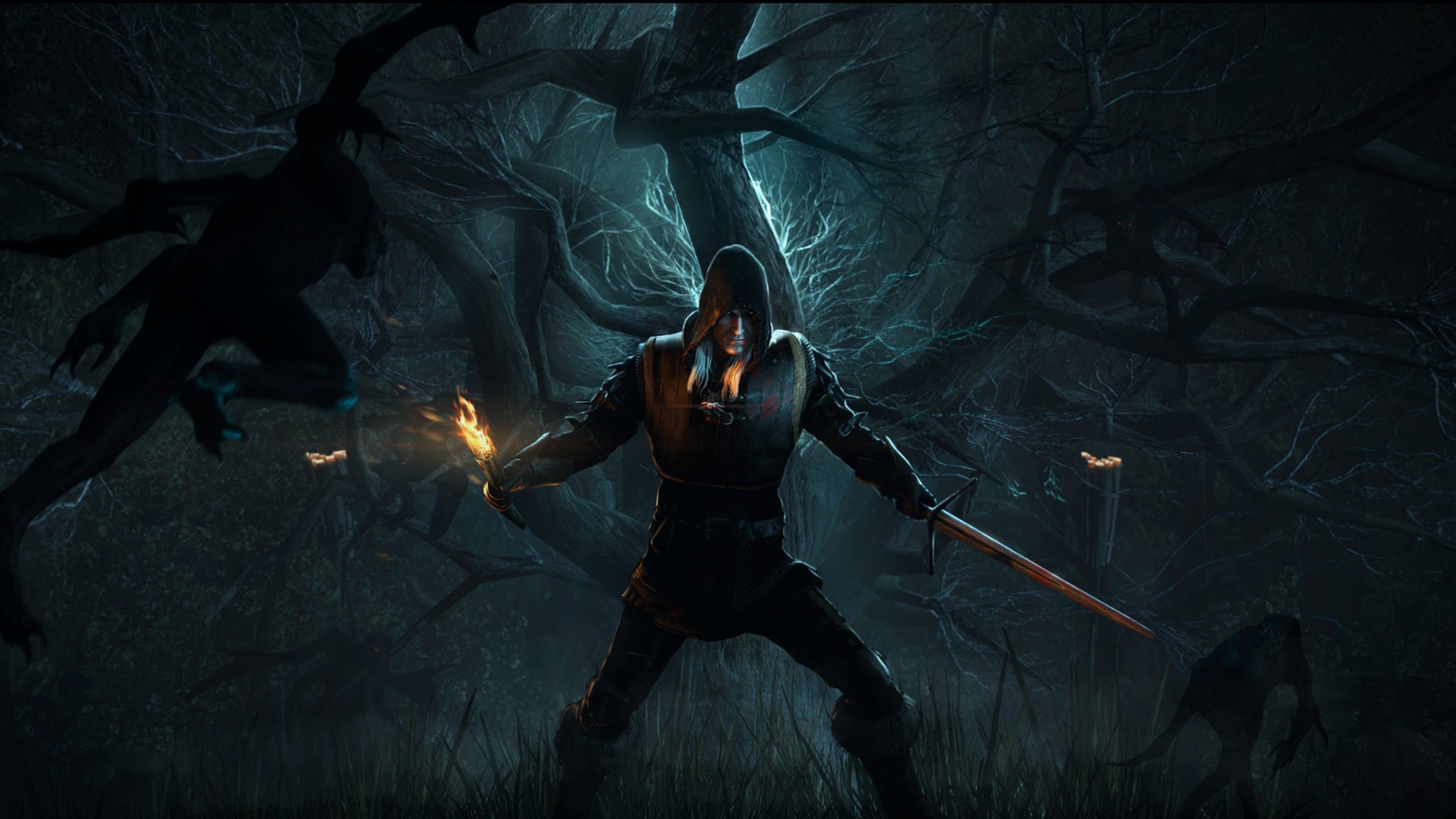 Geralt combattimento foresta notturna, 3840x2160 UHD, Monitor 4K