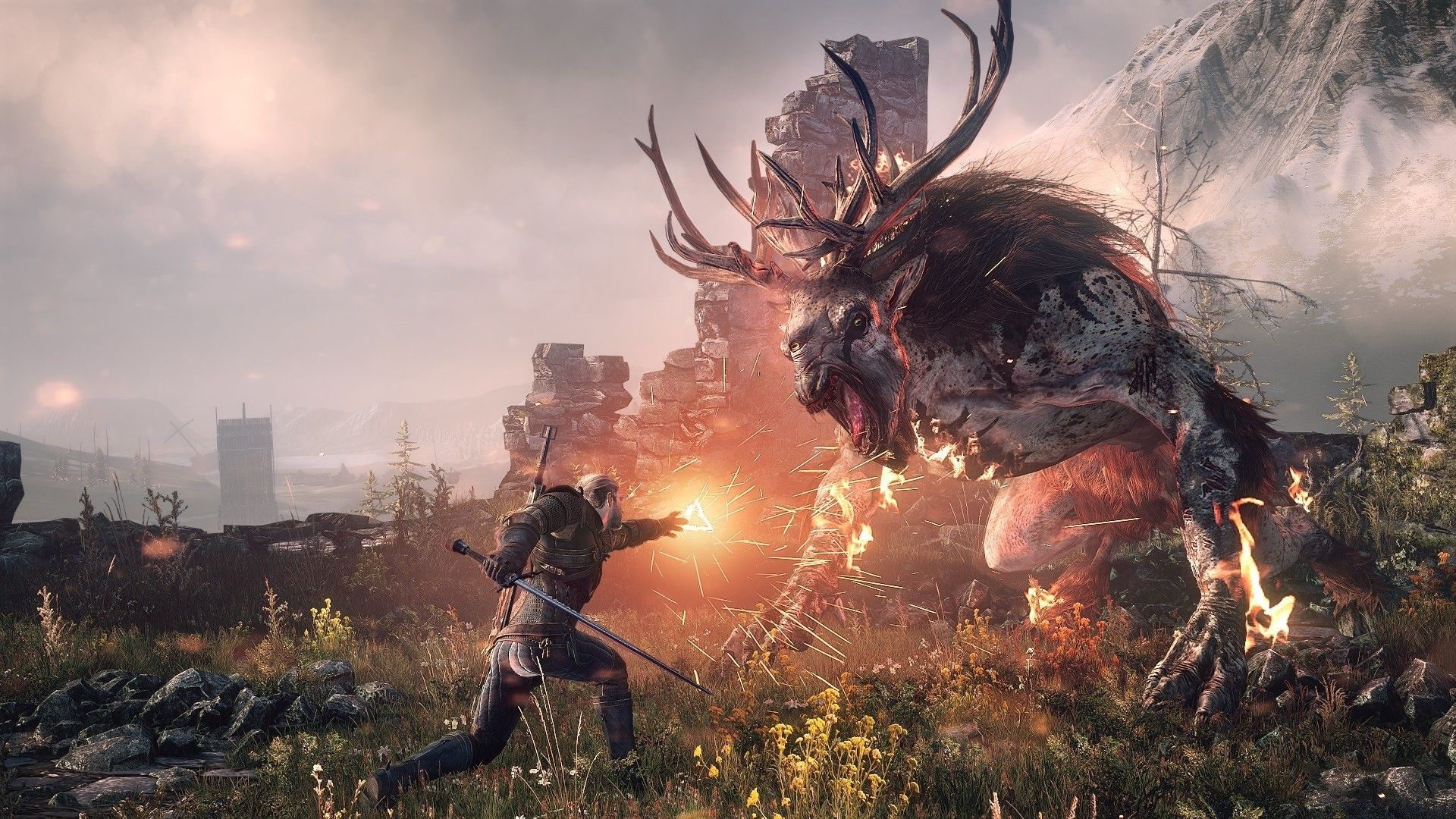 Geralt combatte mostro corna, 1920x1080 1080p, PC